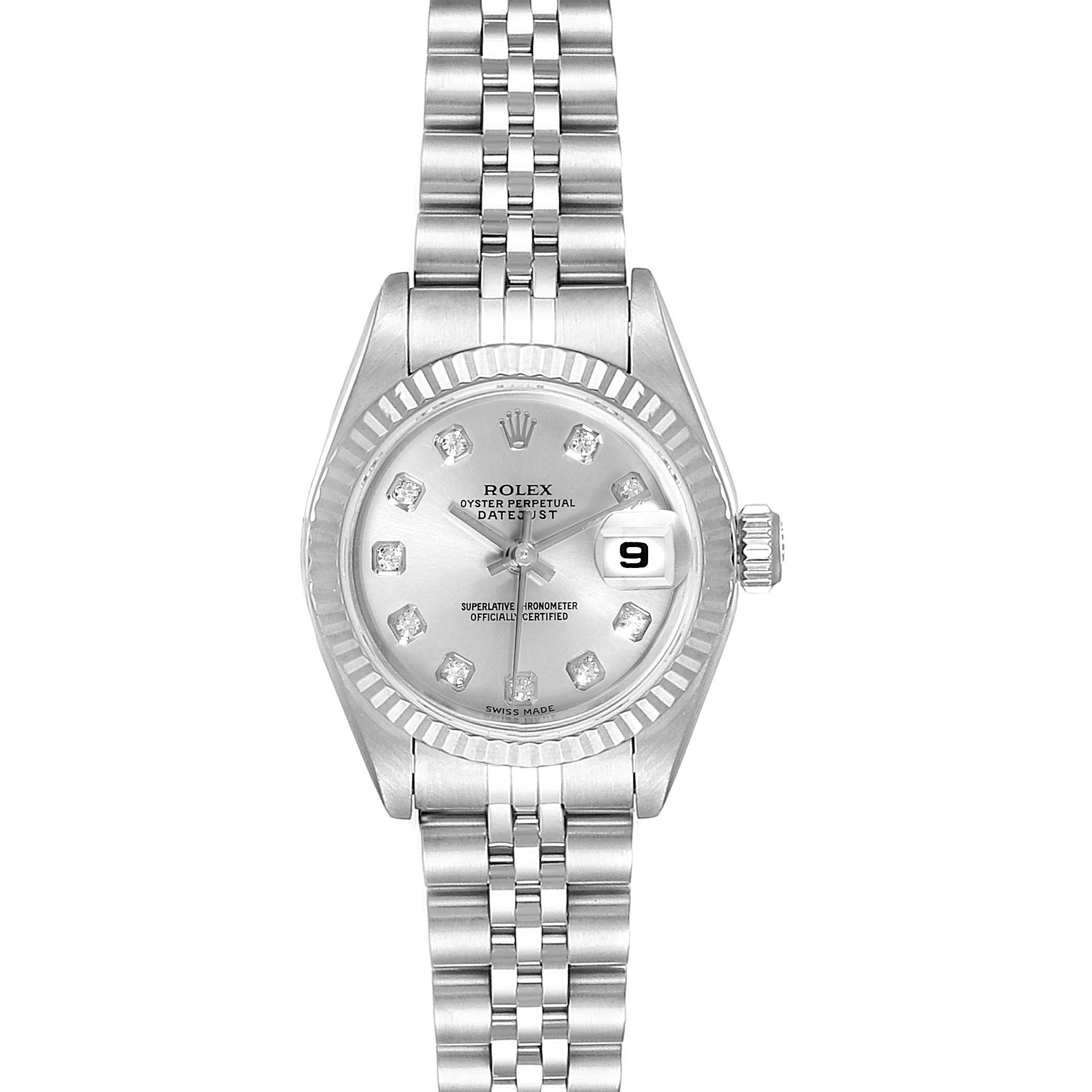 This image shows a front view of a Rolex Datejust 79174 Women's Stainless Steel Silver Dial 79174 Women's Stainless Steel Silver Dial watch, highlighting the dial, bezel, bracelet, and date window.