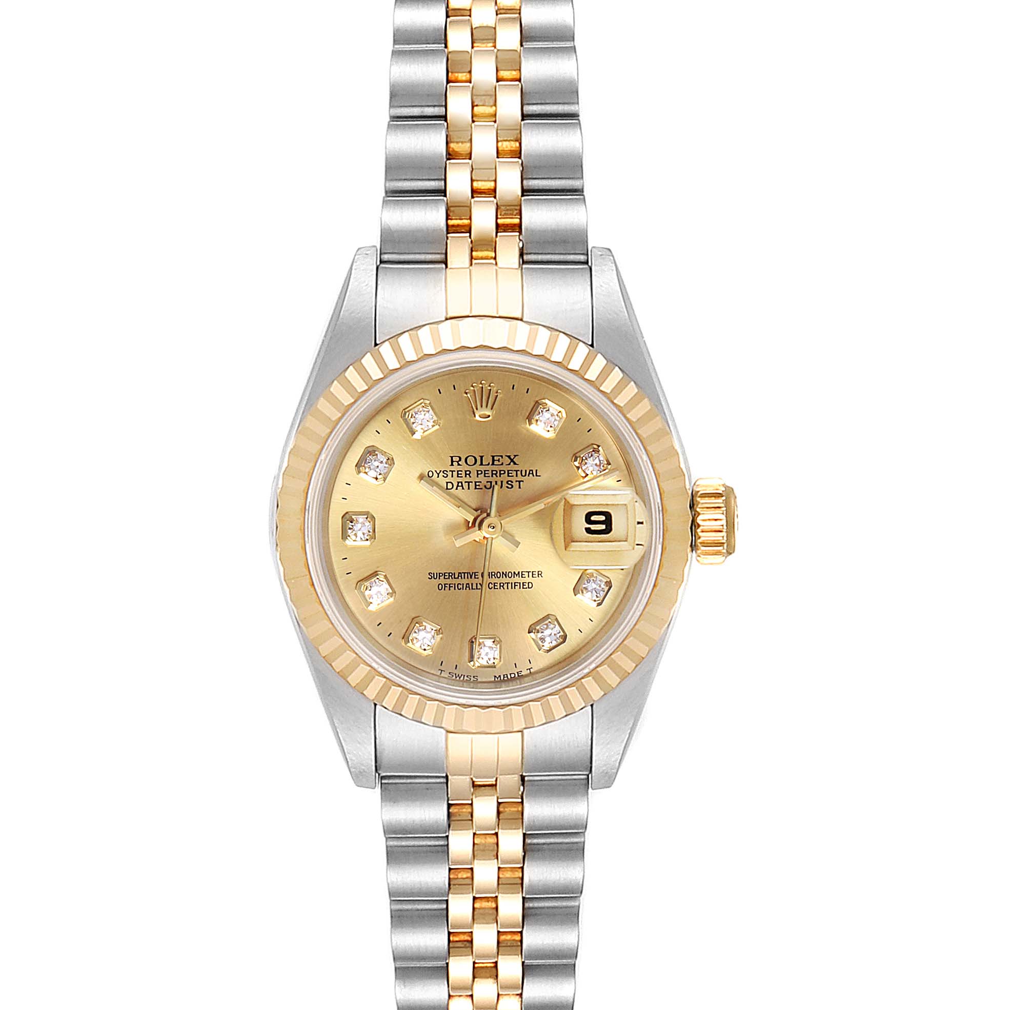 The image shows a Rolex Datejust 69173 Women's Steel and Gold (two tone) Champagne Dial 69173 Women's Steel and Gold (two tone) Champagne Dial watch, featuring a gold dial, diamond hour markers, a date display, and a two-tone bracelet, viewed from the front.