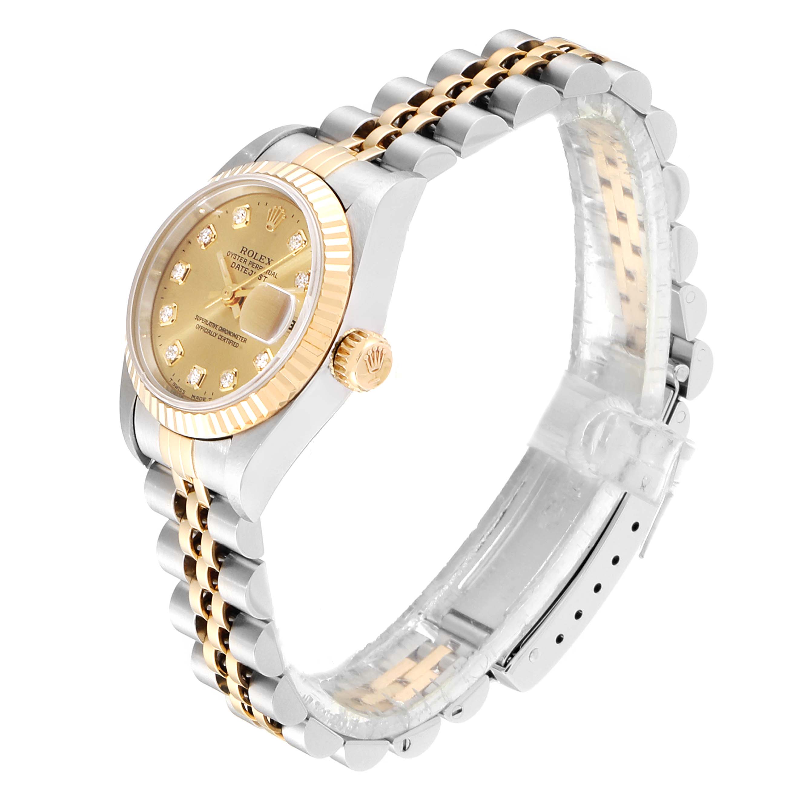 The Rolex Datejust 69173 Women's Steel and Gold (two tone) Champagne Dial 69173 Women's Steel and Gold (two tone) Champagne Dial watch is viewed from the side, showing the dial, bezel, crown, and two-tone bracelet.
