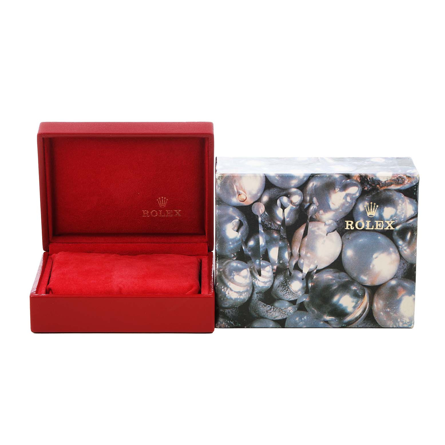 The image shows a Rolex Datejust 79173 Women's Stainless Steel White Dial packaging set, including a red watch box and a decorative outer box.