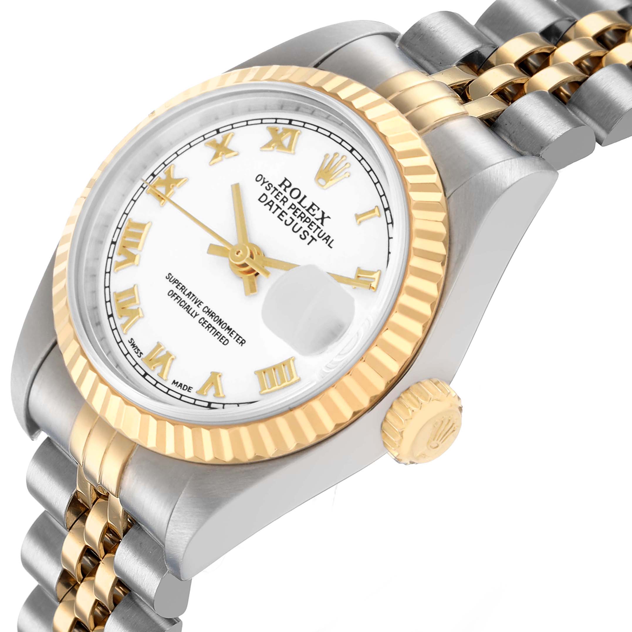The Rolex Datejust 79173 Women's Stainless Steel White Dial is shown at an angled view, highlighting the bezel, crown, dial, and part of the bracelet.