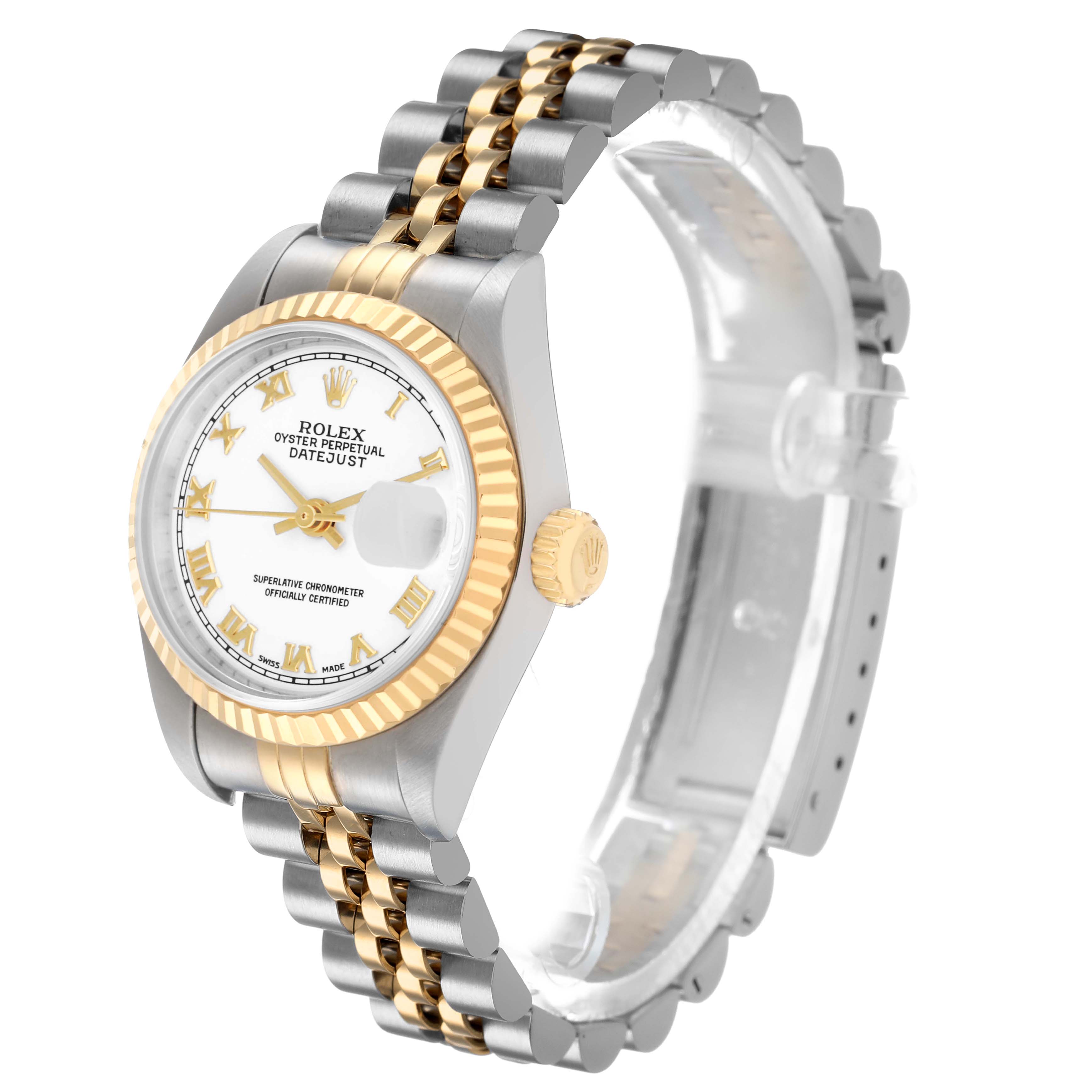 The Rolex Datejust 79173 Women's Stainless Steel White Dial watch is shown at an oblique angle, highlighting the dial, bezel, crown, and two-tone jubilee bracelet.