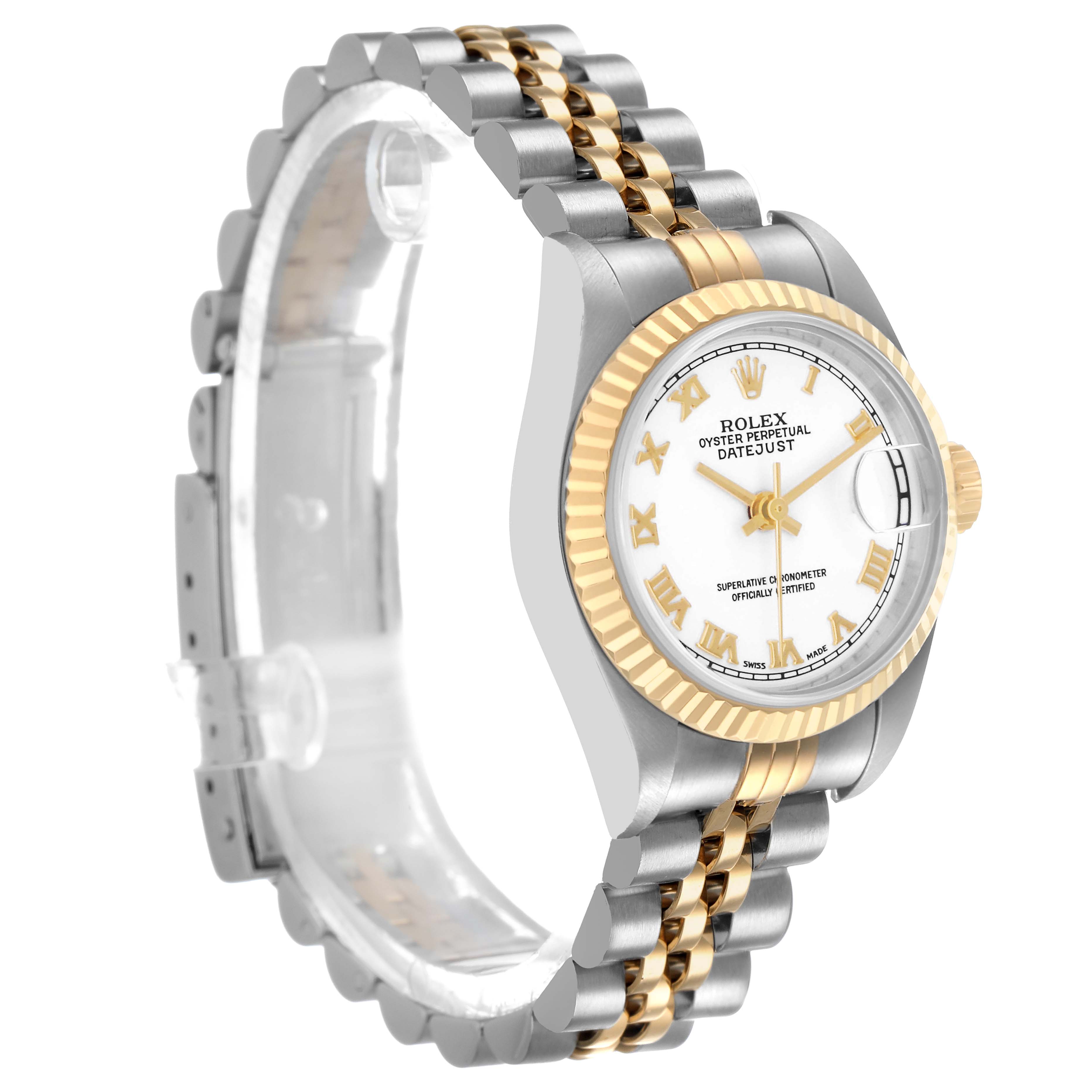 The Rolex Datejust 79173 Women's Stainless Steel White Dial watch is shown at a slight angle, displaying the dial, bezel, case, and bracelet clearly.