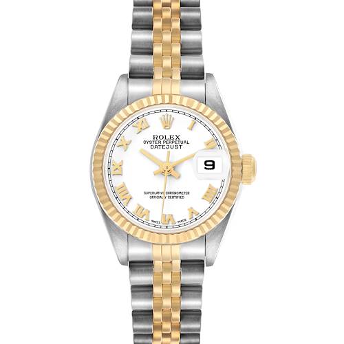 The Rolex Datejust 79173 Women's Stainless Steel White Dial watch is shown from a front view, highlighting its dial, bezel, and Jubilee bracelet.