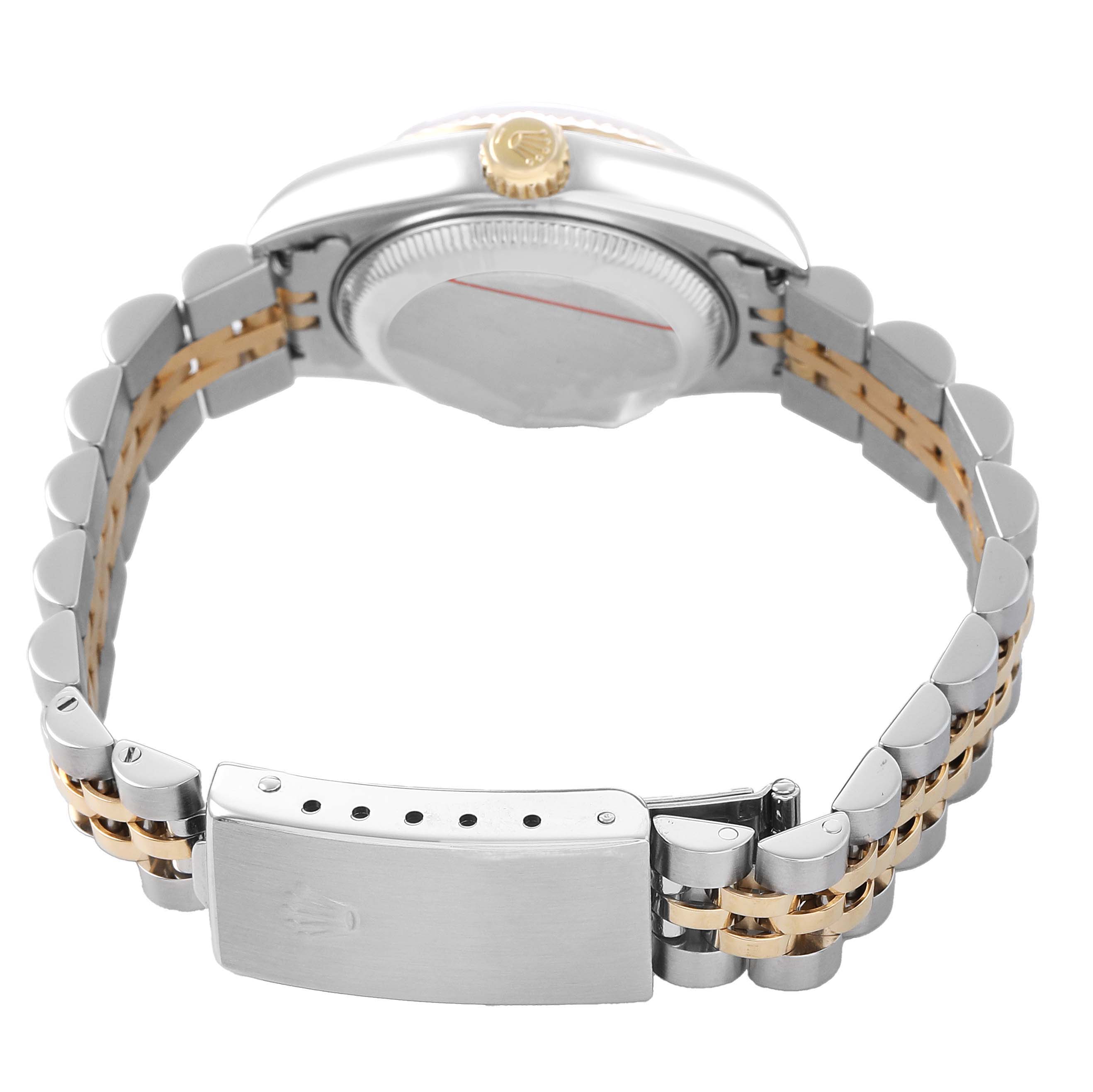The image shows a Rolex Datejust 79173 Women's Stainless Steel White Dial watch from a rear side angle, highlighting the bracelet, clasp, case back, and crown.