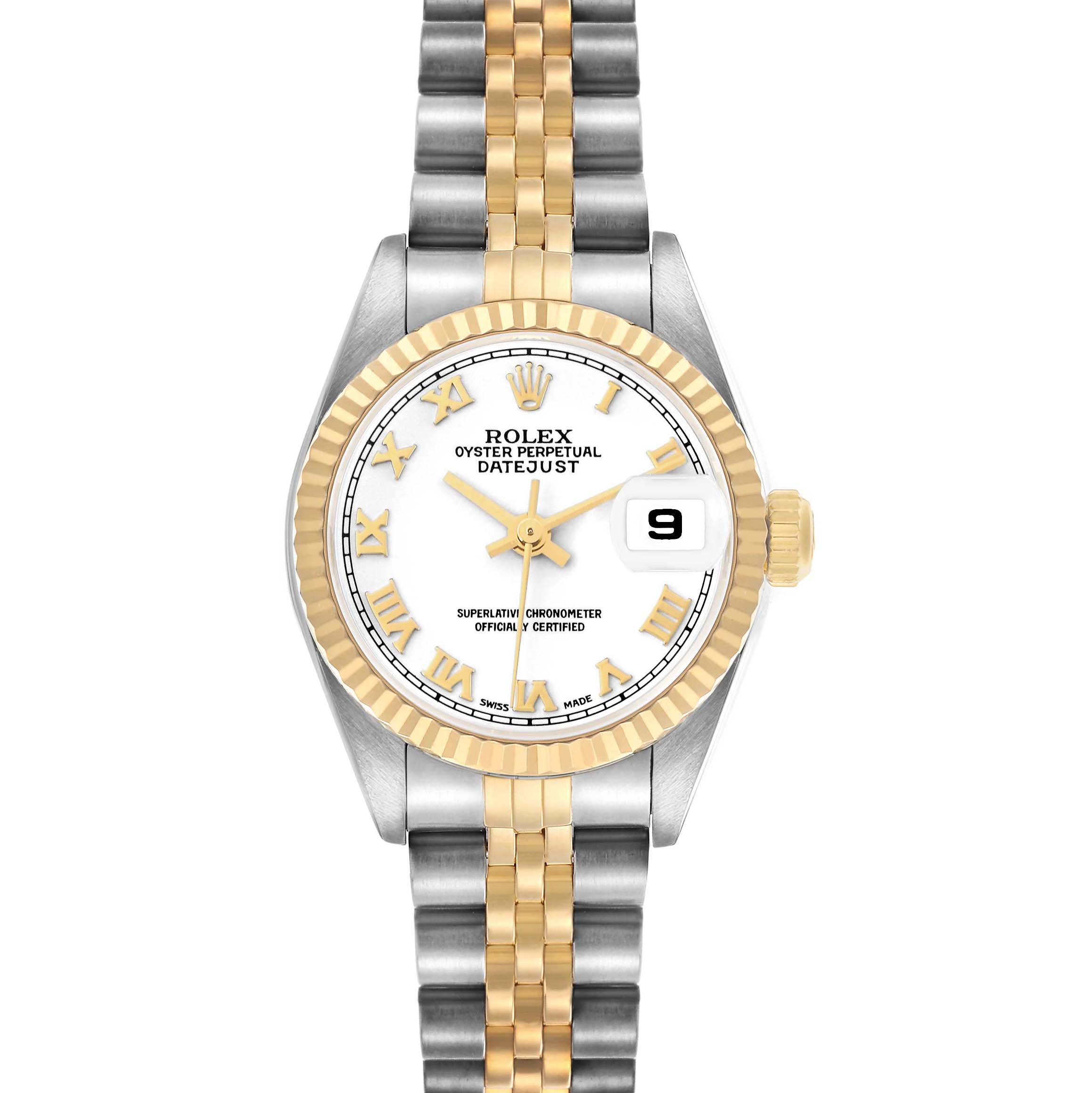 The Rolex Datejust 79173 Women's Stainless Steel White Dial watch is shown from a top-down view, displaying the face, bezel, and bracelet.