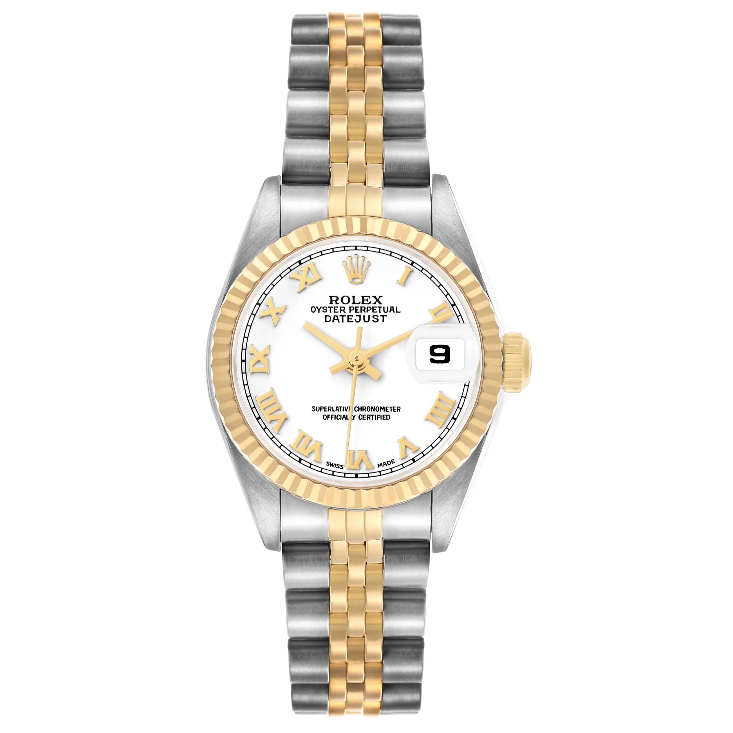 The Rolex Datejust 79173 Women's Stainless Steel White Dial is shown from a front angle, highlighting the dial, bezel, and two-tone bracelet.