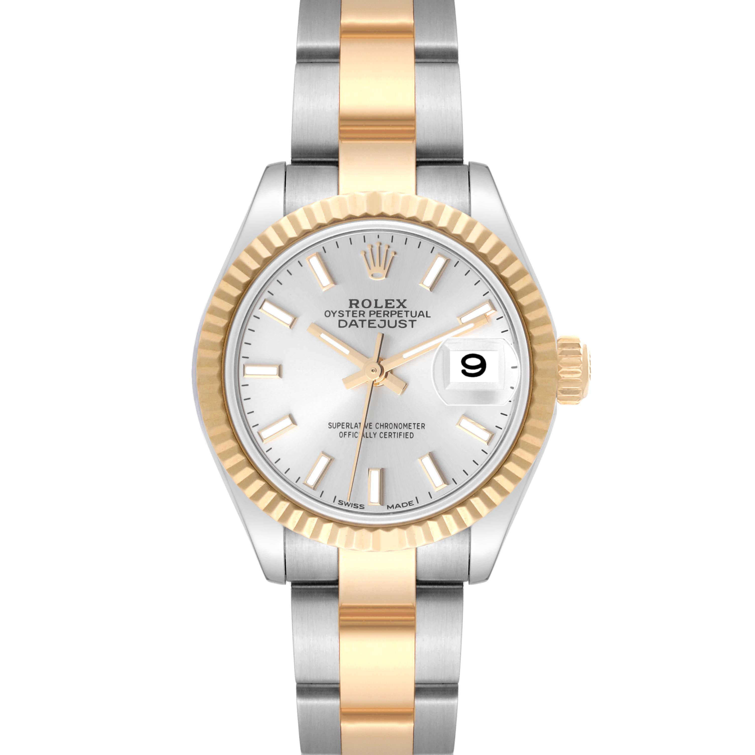 The image shows a front view of a Rolex Datejust 279173 Women's Steel and Gold (two tone) Silver Dial 279173 Women's Steel and Gold (two tone) Silver Dial watch featuring a two-tone metal bracelet and a silver dial with a date window.