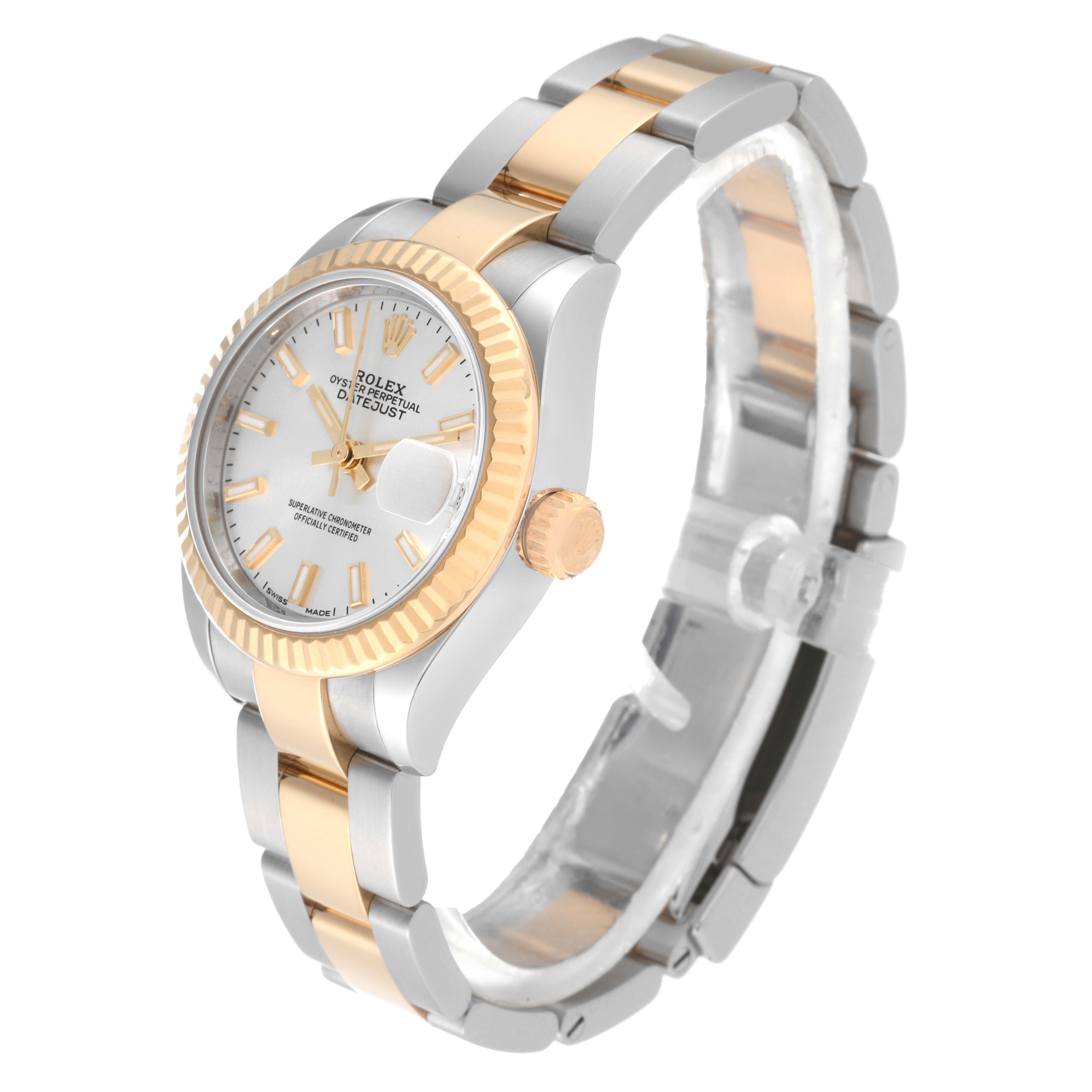 The image shows a Rolex Datejust 279173 Women's Steel and Gold (two tone) Silver Dial 279173 Women's Steel and Gold (two tone) Silver Dial watch at a three-quarter angle, highlighting its face, bezel, crown, and bracelet.