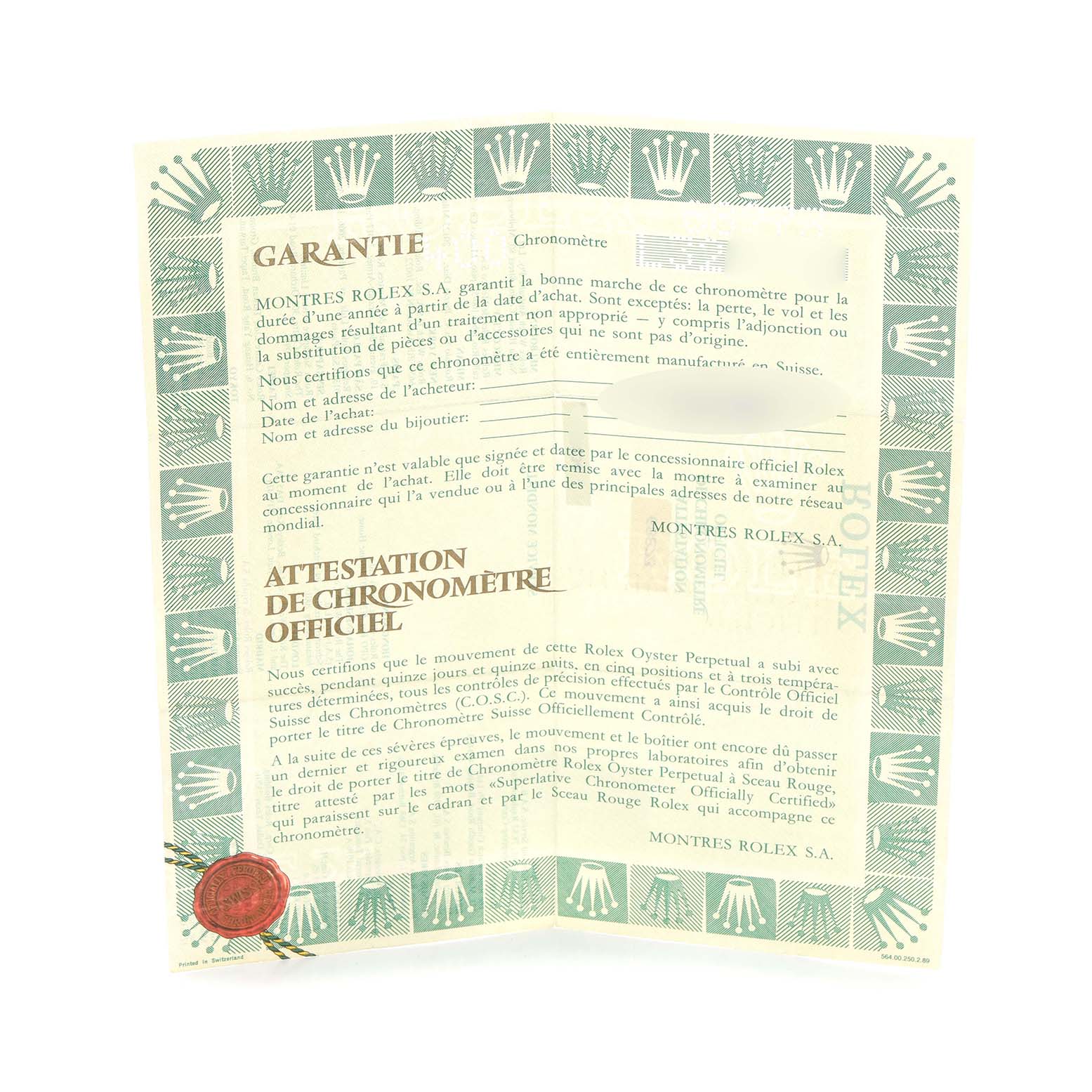 The image shows an official document for a Rolex Mid-Size 68273 Women
s Steel and Gold (two tone) Champagne Dial 68273 Women
s Steel and Gold (two tone) Champagne Dial model, featuring a warranty and chronometer certification.