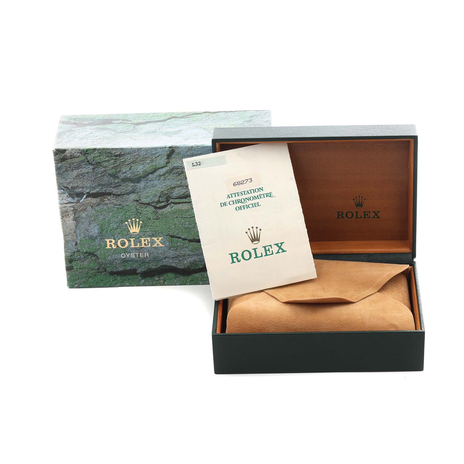 The image shows Rolex packaging, a booklet, and a watch pouch from a Mid-Size model, angled to display accessories.
