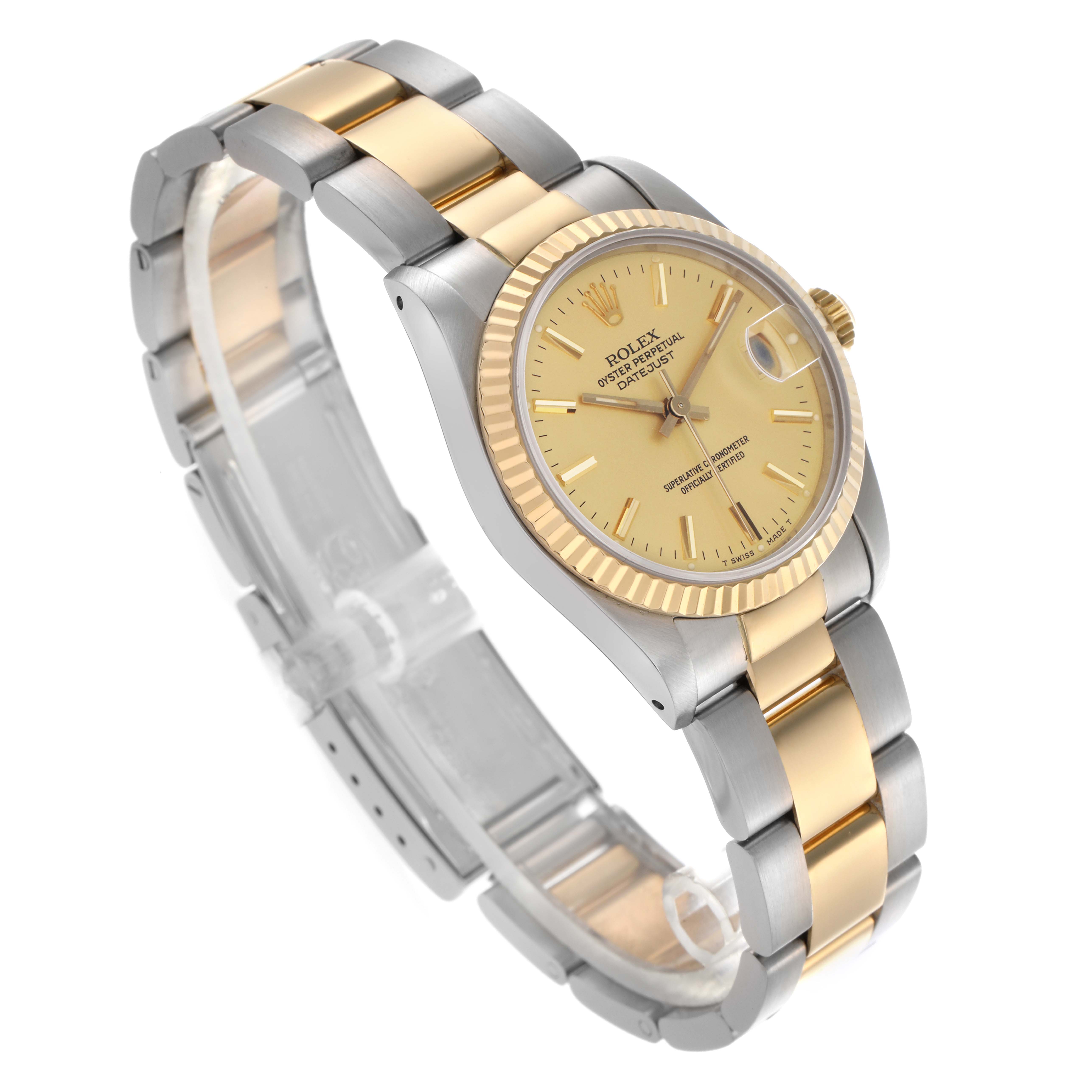 The Rolex Mid-Size 68273 Women
s Steel and Gold (two tone) Champagne Dial 68273 Women
s Steel and Gold (two tone) Champagne Dial watch is displayed at a three-quarter angle, showing the dial, bezel, and two-tone bracelet.