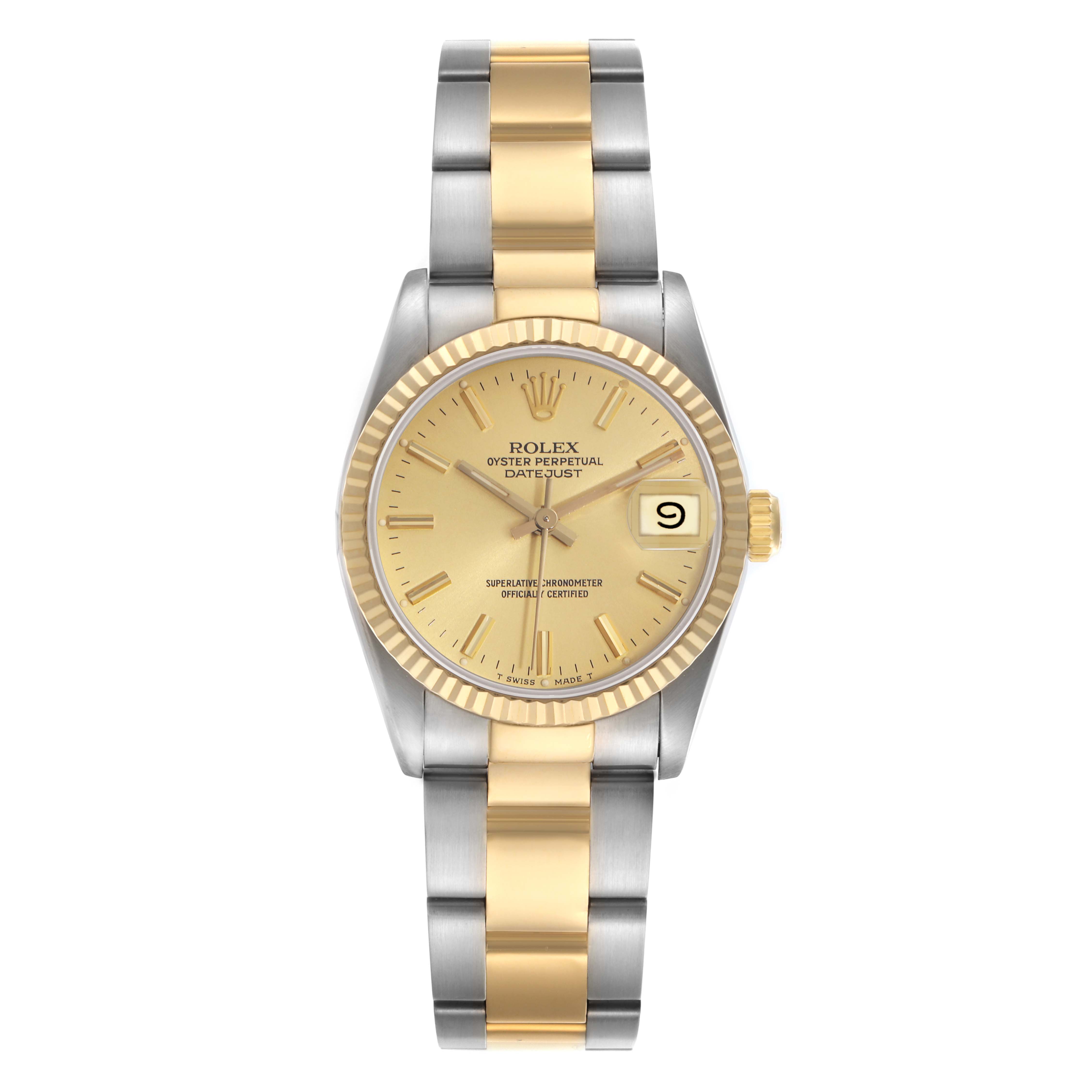 The Rolex Mid-Size 68273 Women
s Steel and Gold (two tone) Champagne Dial 68273 Women
s Steel and Gold (two tone) Champagne Dial watch is shown from a top view, displaying the face, bezel, crown, and bracelet.