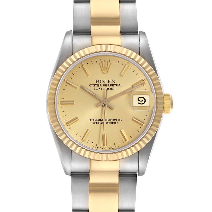 The Rolex Mid-Size Oyster Perpetual Datejust is shown from a top-down angle, highlighting the dial, bezel, crown, and bracelet.