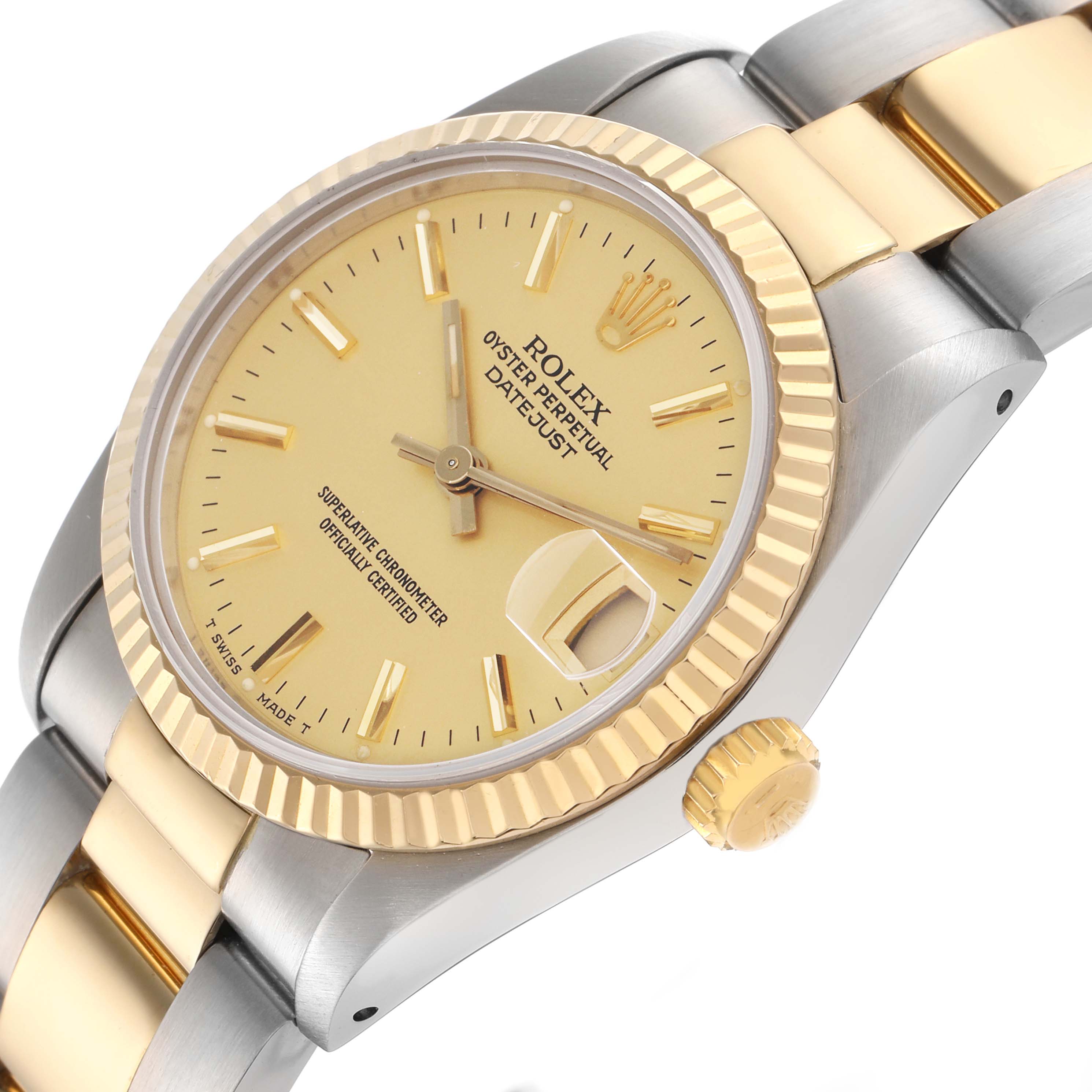 The Rolex Mid-Size 68273 Women
s Steel and Gold (two tone) Champagne Dial 68273 Women
s Steel and Gold (two tone) Champagne Dial watch is shown at an angle highlighting the dial, bezel, crown, and part of the bracelet.