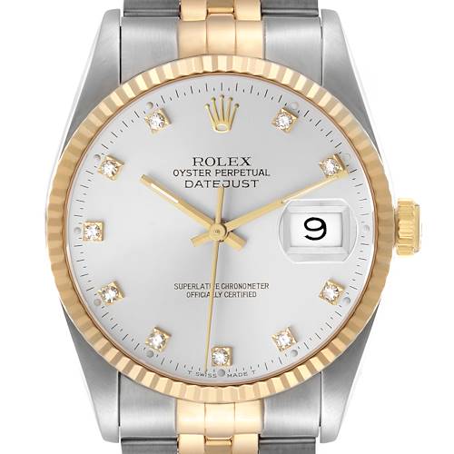 The Rolex Datejust 16233 Men's Stainless Steel Silver Dial is shown from the front, highlighting the bezel, dial, and bracelet.