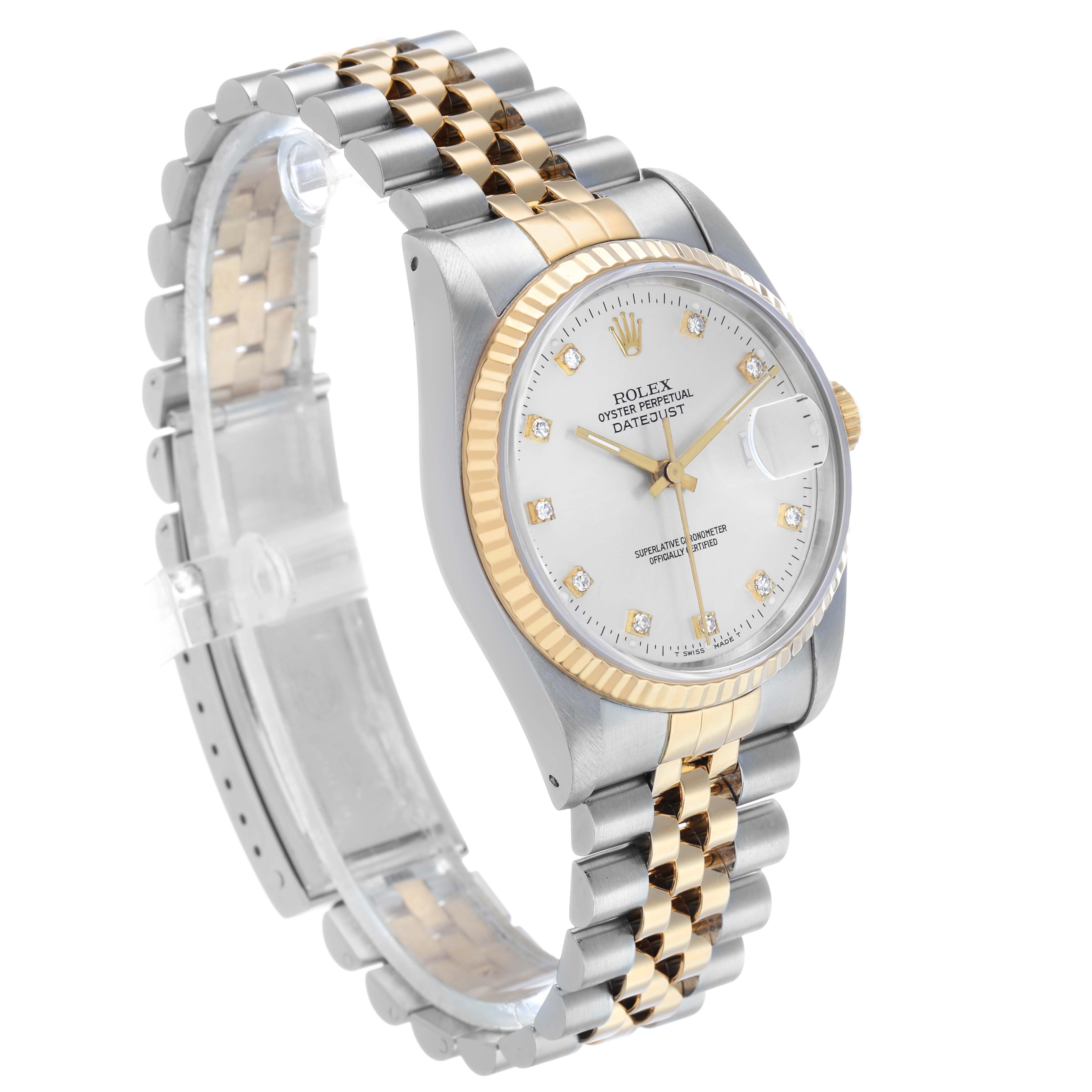 The Rolex Datejust 16233 Men's Stainless Steel Silver Dial watch is shown at a three-quarter angle, highlighting the dial, bezel, and two-tone bracelet.