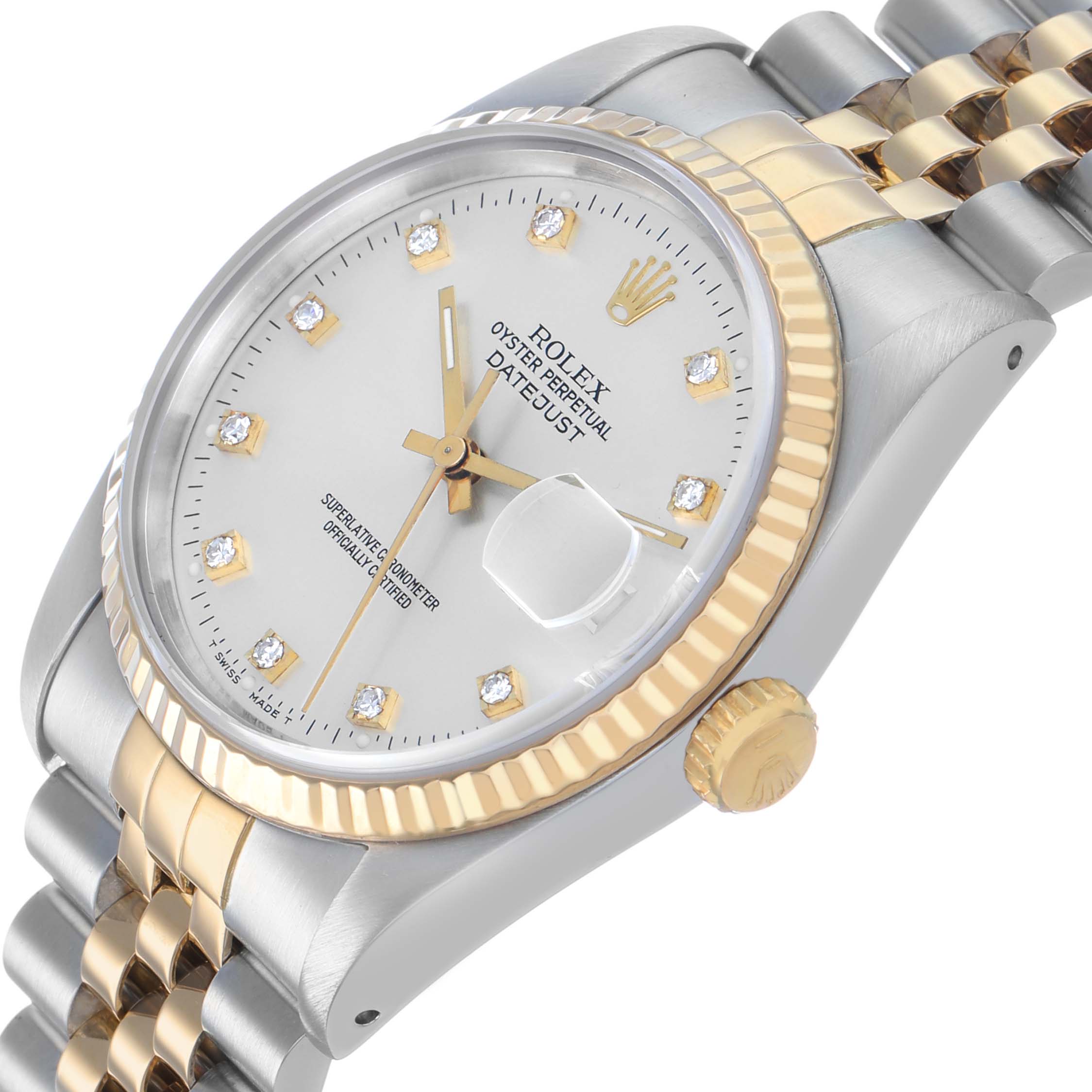 The Rolex Datejust 16233 Men's Stainless Steel Silver Dial watch is shown at a slight angle, displaying the face, fluted bezel, crown, and part of the bracelet.
