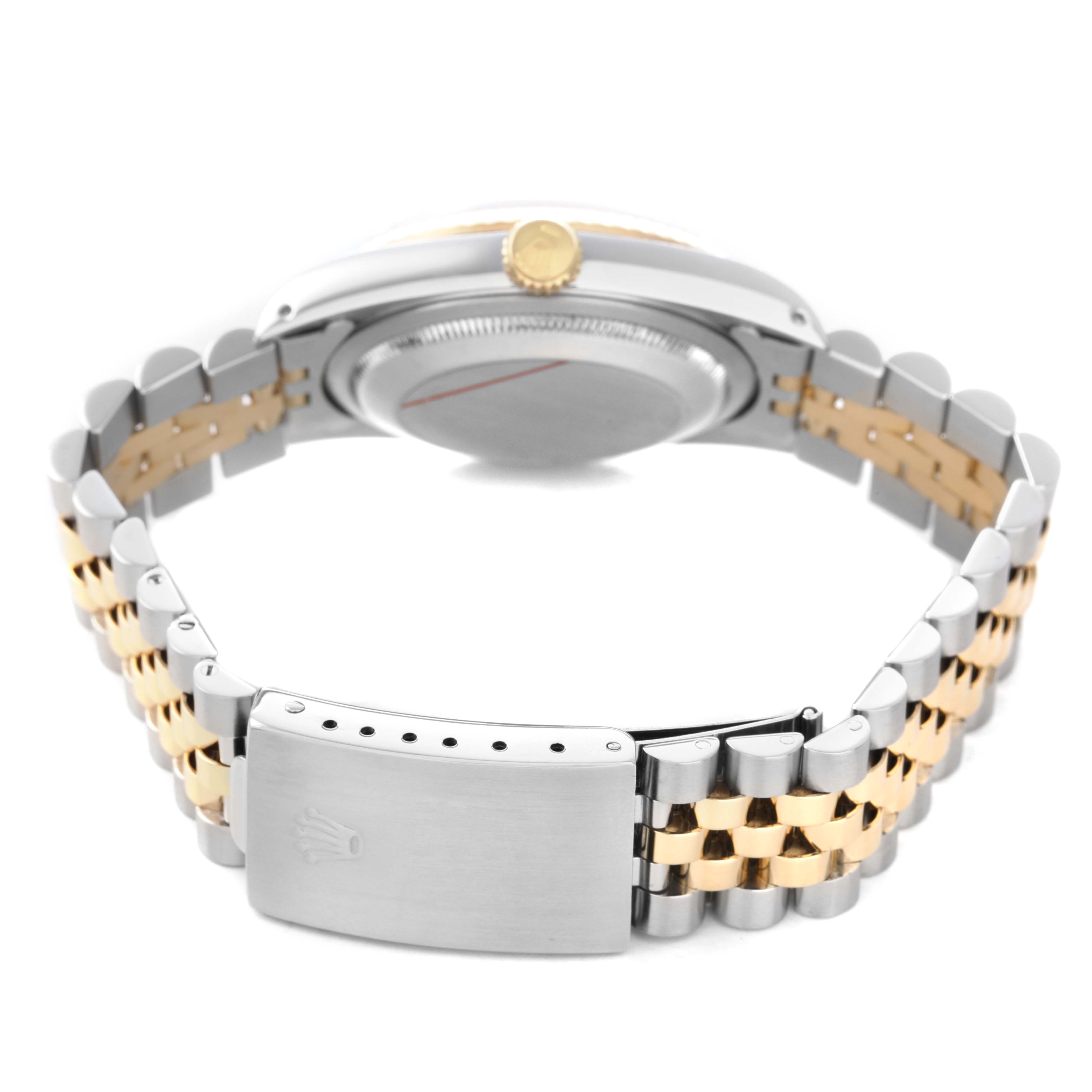 The image shows the back and side angle of a Rolex Datejust 16233 Men's Stainless Steel Silver Dial watch, highlighting the jubilee bracelet and the clasp.