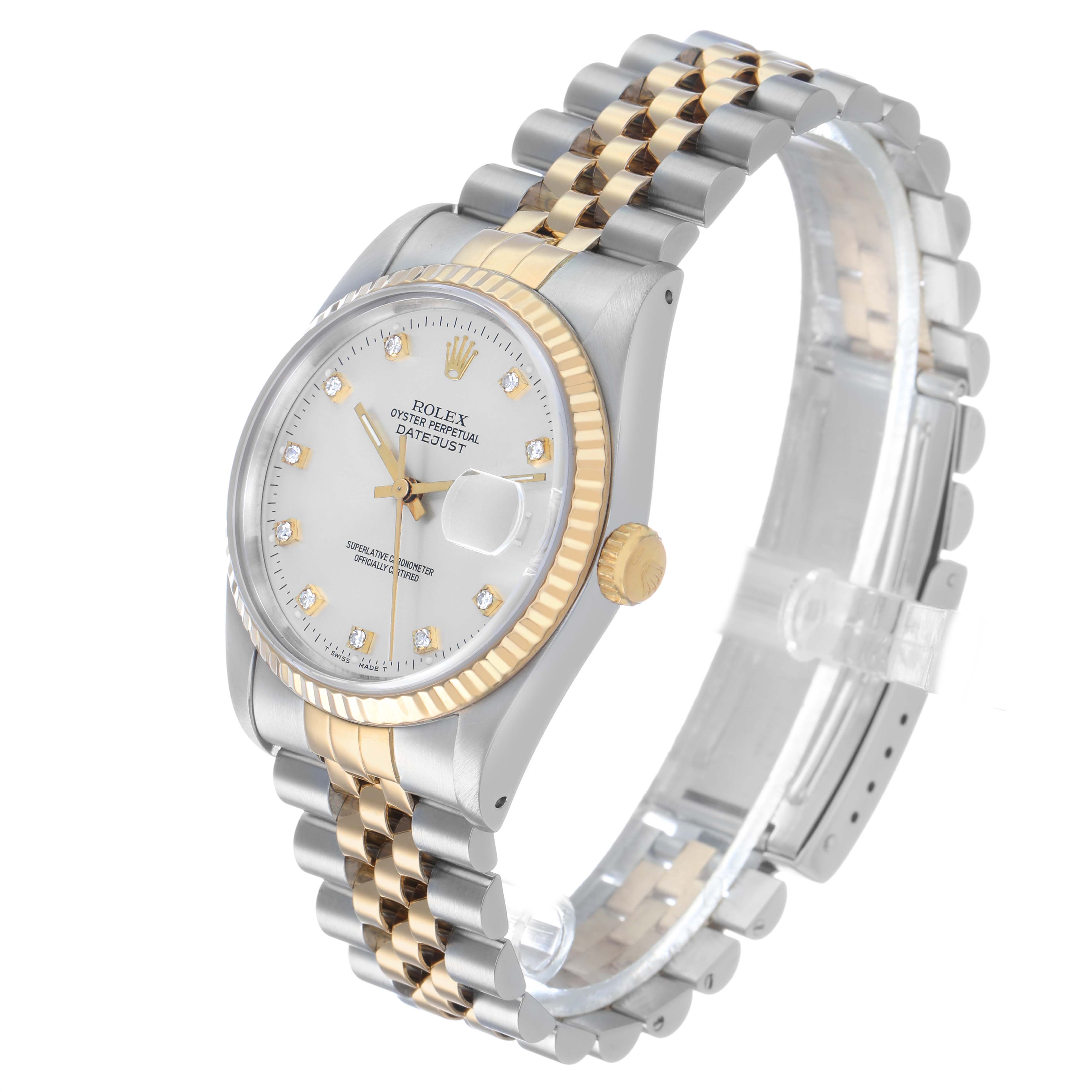 The Rolex Datejust 16233 Men's Stainless Steel Silver Dial watch is shown at a three-quarter angle, highlighting the face, bezel, crown, and bracelet.