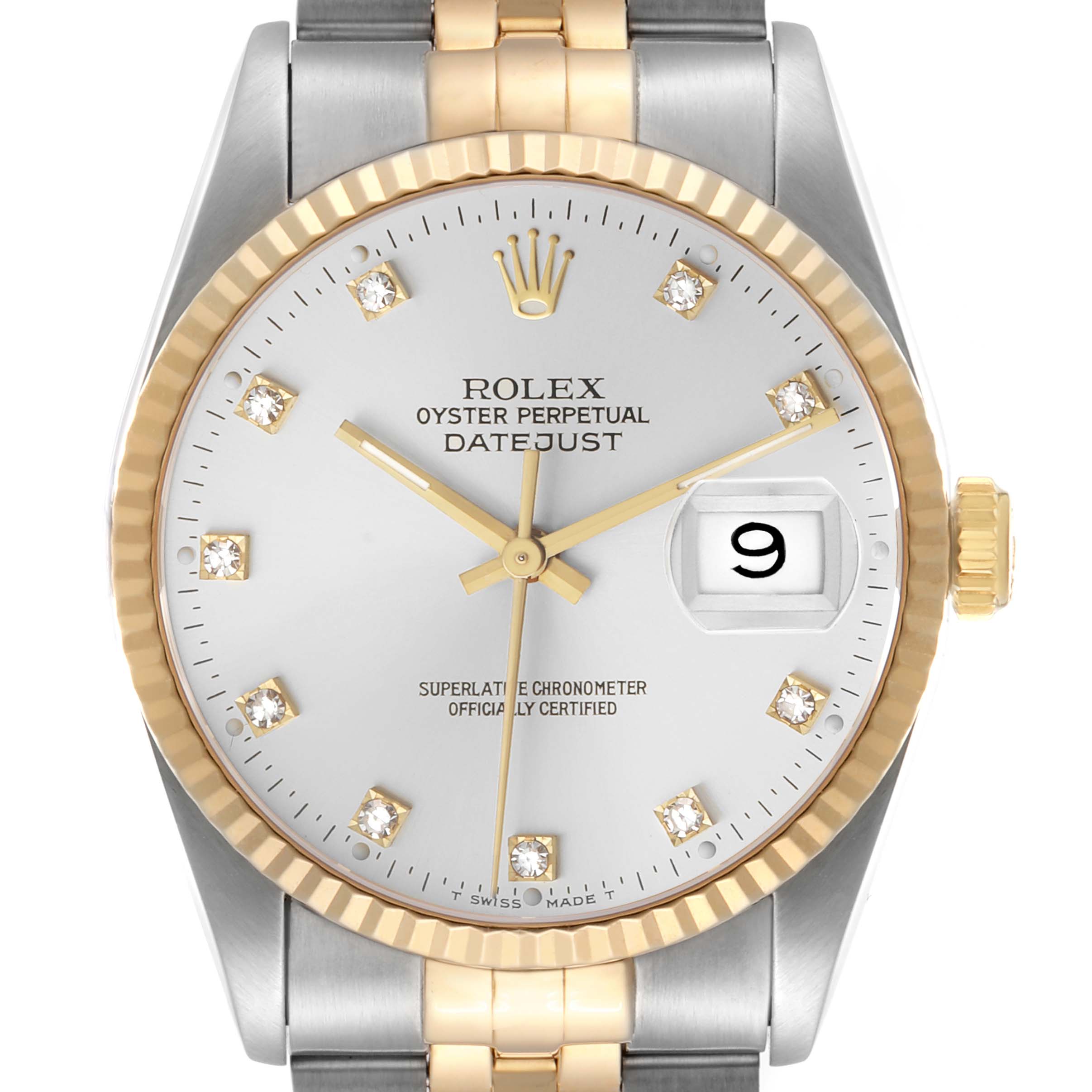 The Rolex Datejust 16233 Men's Stainless Steel Silver Dial watch is shown from a front view, highlighting the dial, bezel, and part of the bracelet.