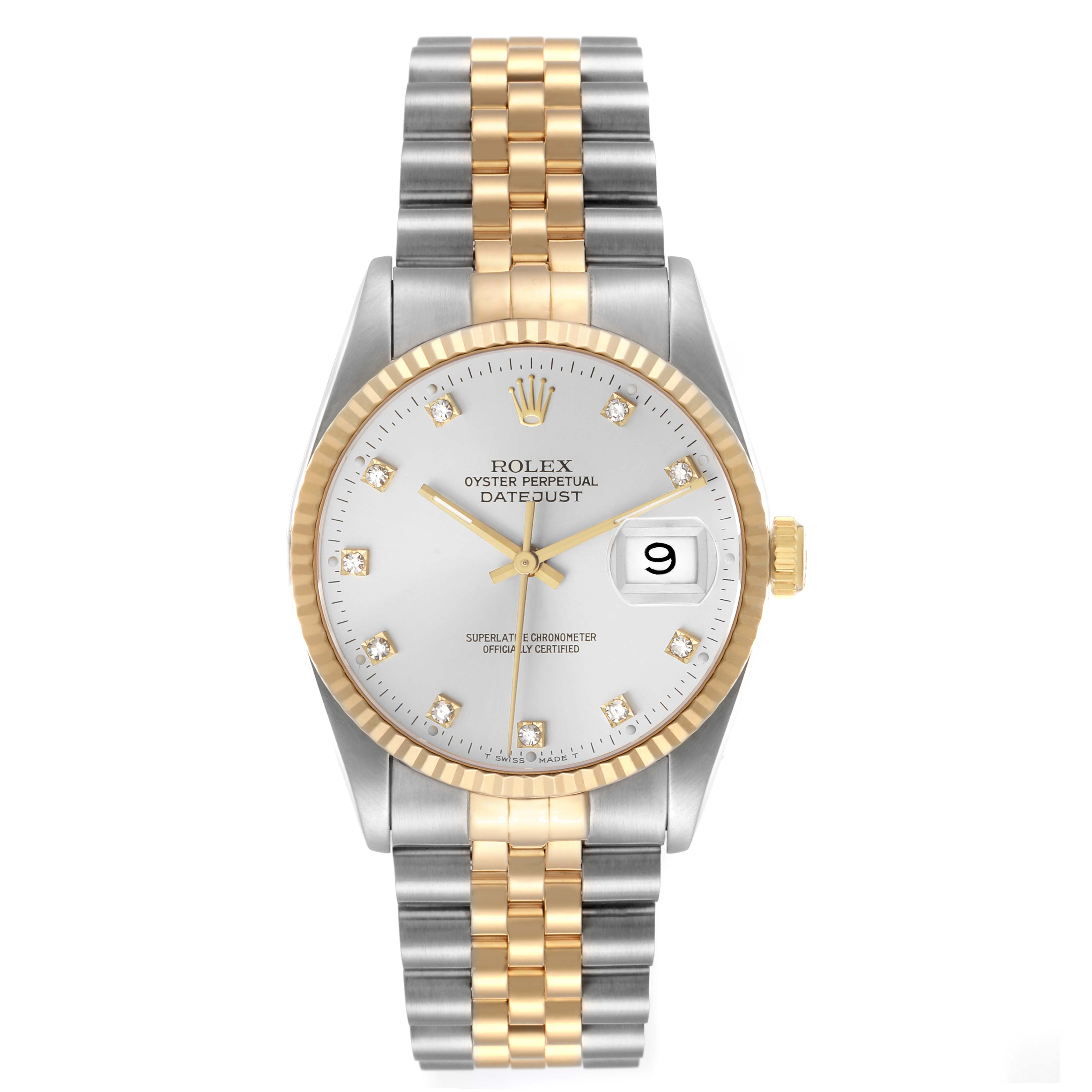 The Rolex Datejust 16233 Men's Stainless Steel Silver Dial watch is shown from a front angle displaying the dial, bezel, hands, bracelet, and date feature.