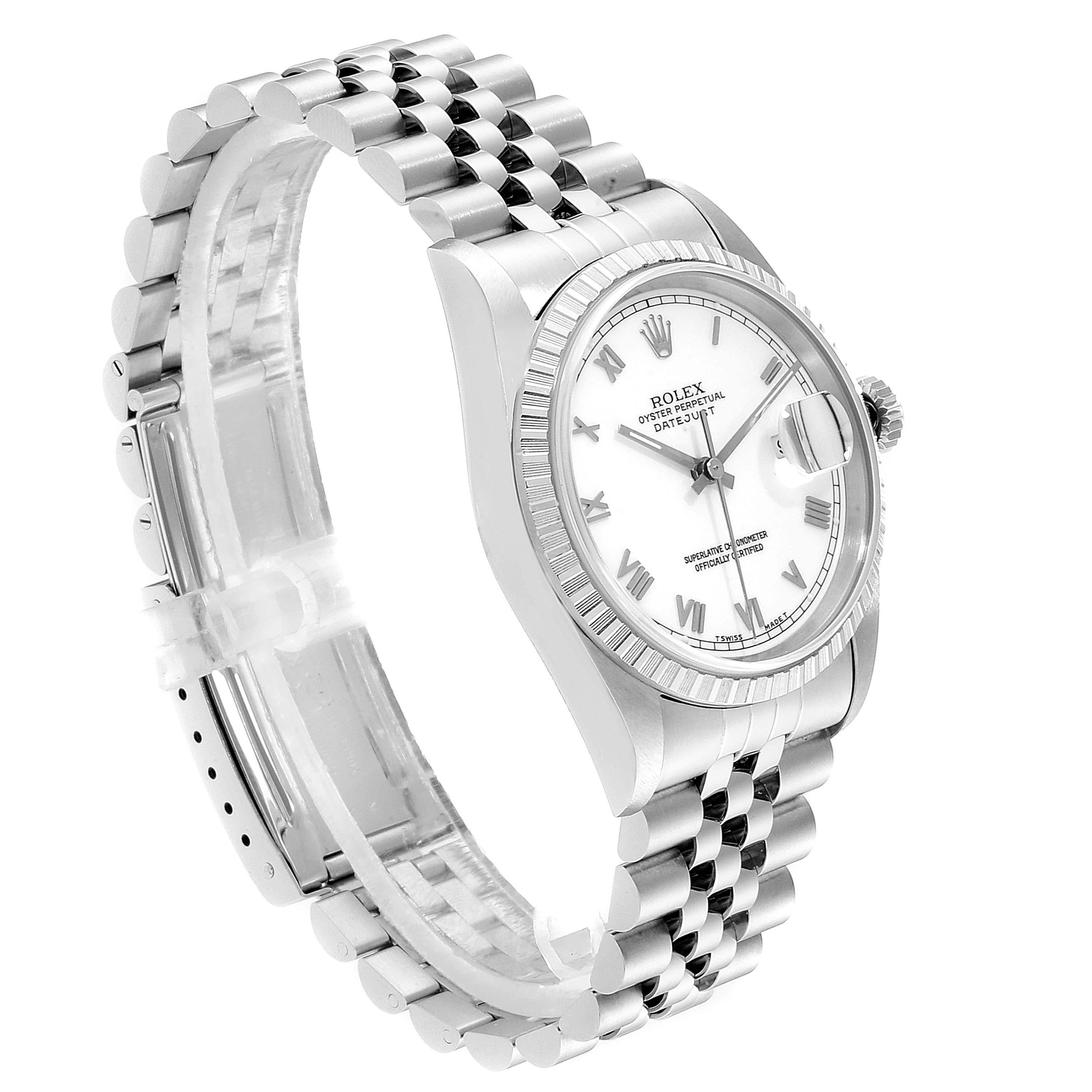 This image shows a Rolex Datejust 16220 Men's Stainless Steel White Dial 16220 Men's Stainless Steel White Dial watch at an angled side view, highlighting the face, bezel, and Jubilee bracelet.