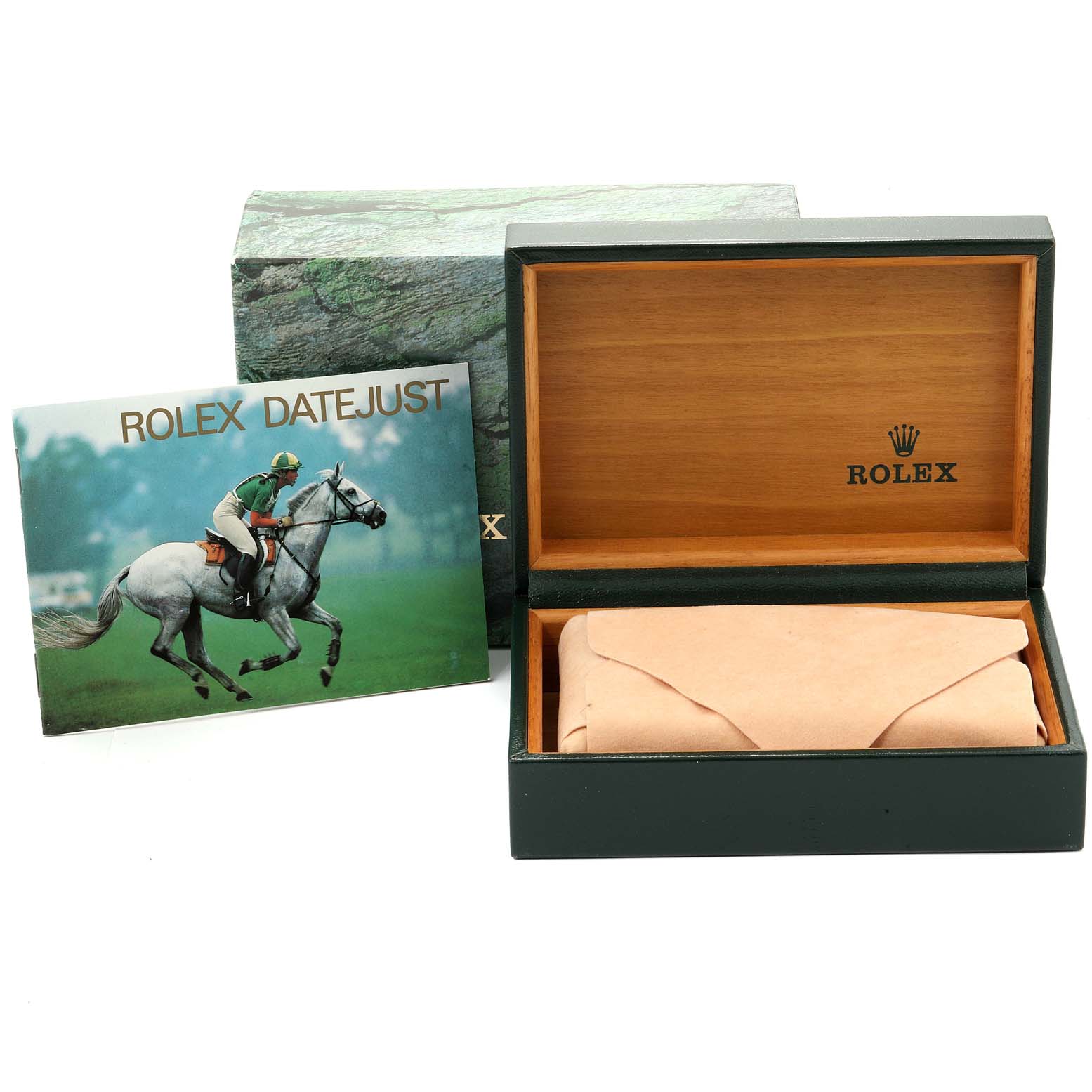 The image shows a Rolex Datejust 16220 Men's Stainless Steel White Dial 16220 Men's Stainless Steel White Dial watch box, its outer packaging, and an accompanying booklet featuring a horse rider.