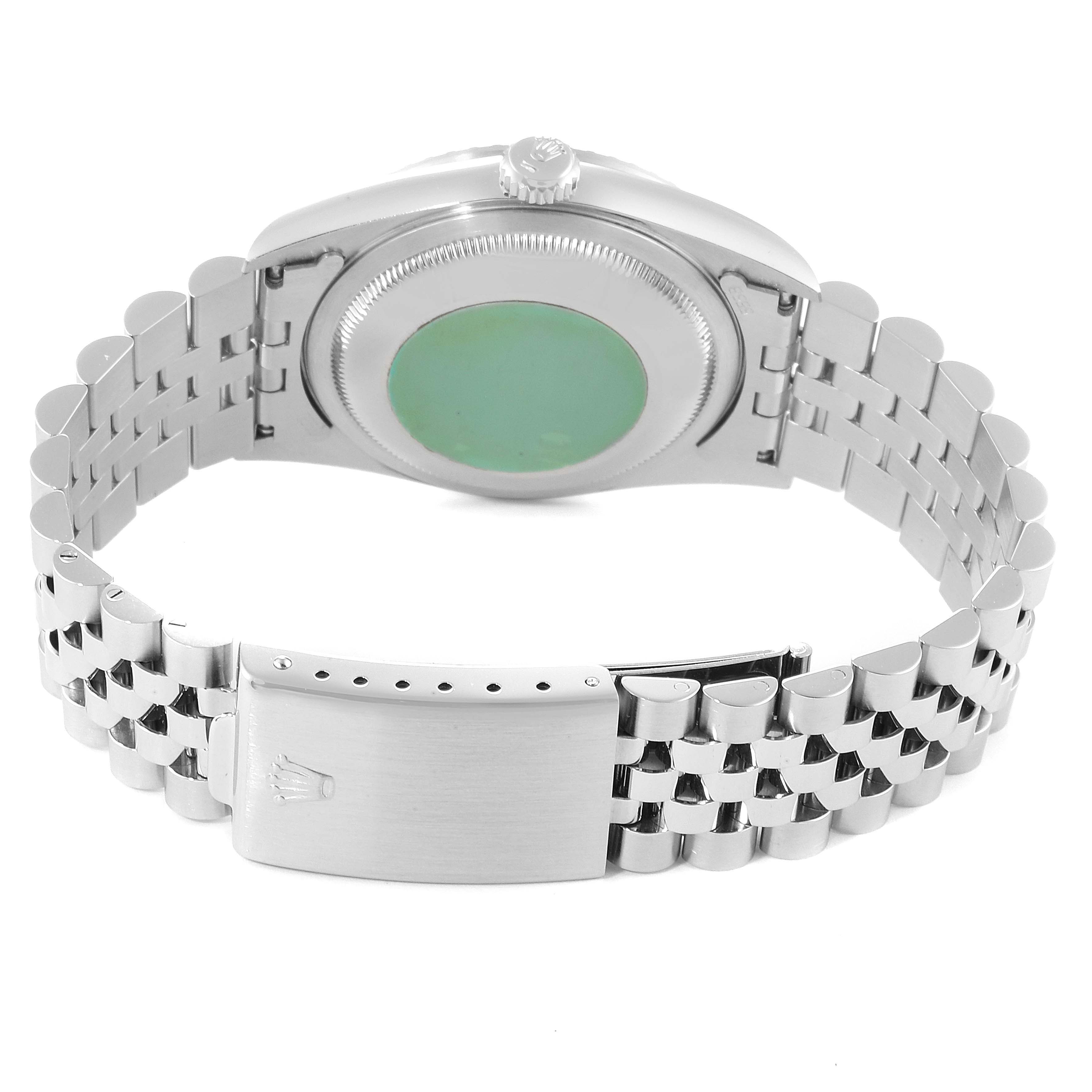 The image shows the back case and bracelet of a Rolex Datejust 16220 Men's Stainless Steel White Dial 16220 Men's Stainless Steel White Dial watch, viewed from the rear.