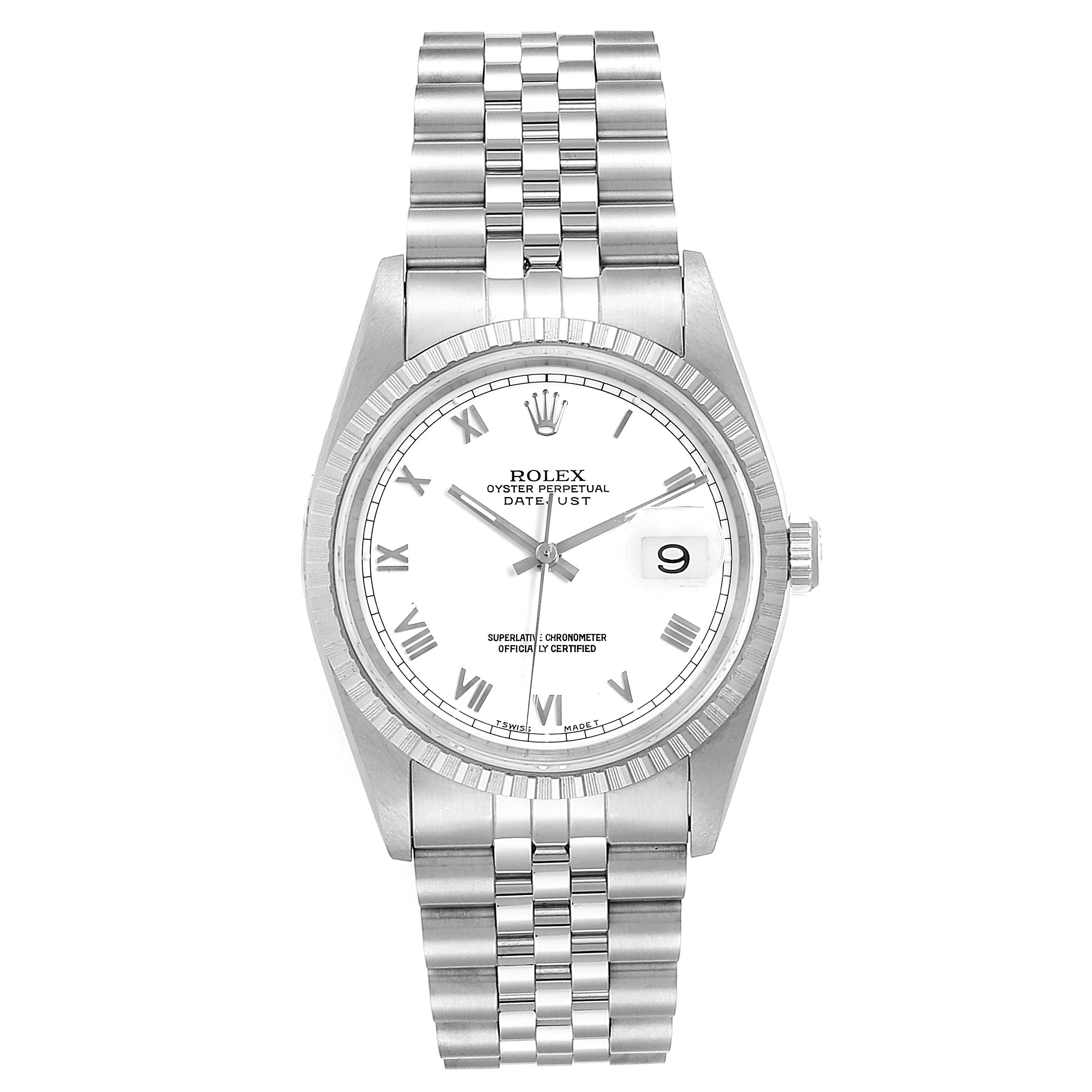 The image shows a frontal view of a Rolex Datejust 16220 Men's Stainless Steel White Dial 16220 Men's Stainless Steel White Dial watch, displaying the face, bezel, and jubilee bracelet.
