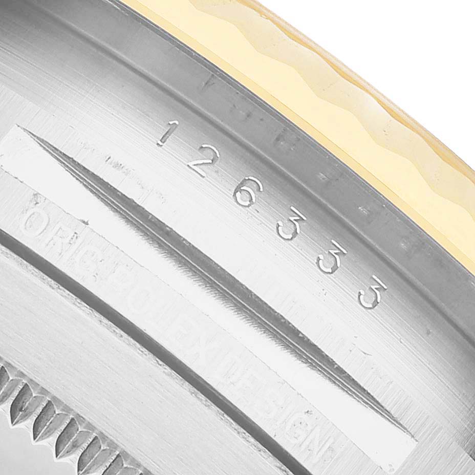 The image shows a close-up of the case side of the Rolex Datejust 41 126333 Men's Steel and Gold (two tone) Mother of Pearl Dial, highlighting the model number engraving.