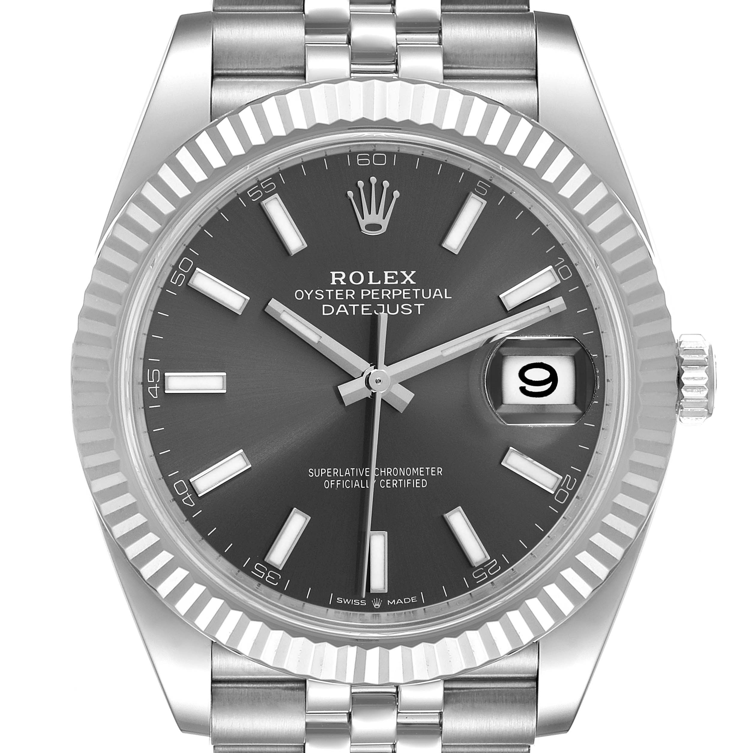 The image shows a Rolex Datejust 41 126334 Men's Stainless Steel Grey Dial 126334 Men's Stainless Steel Grey Dial watch from a front angle, highlighting the dial, bezel, hands, bracelet, and date window.