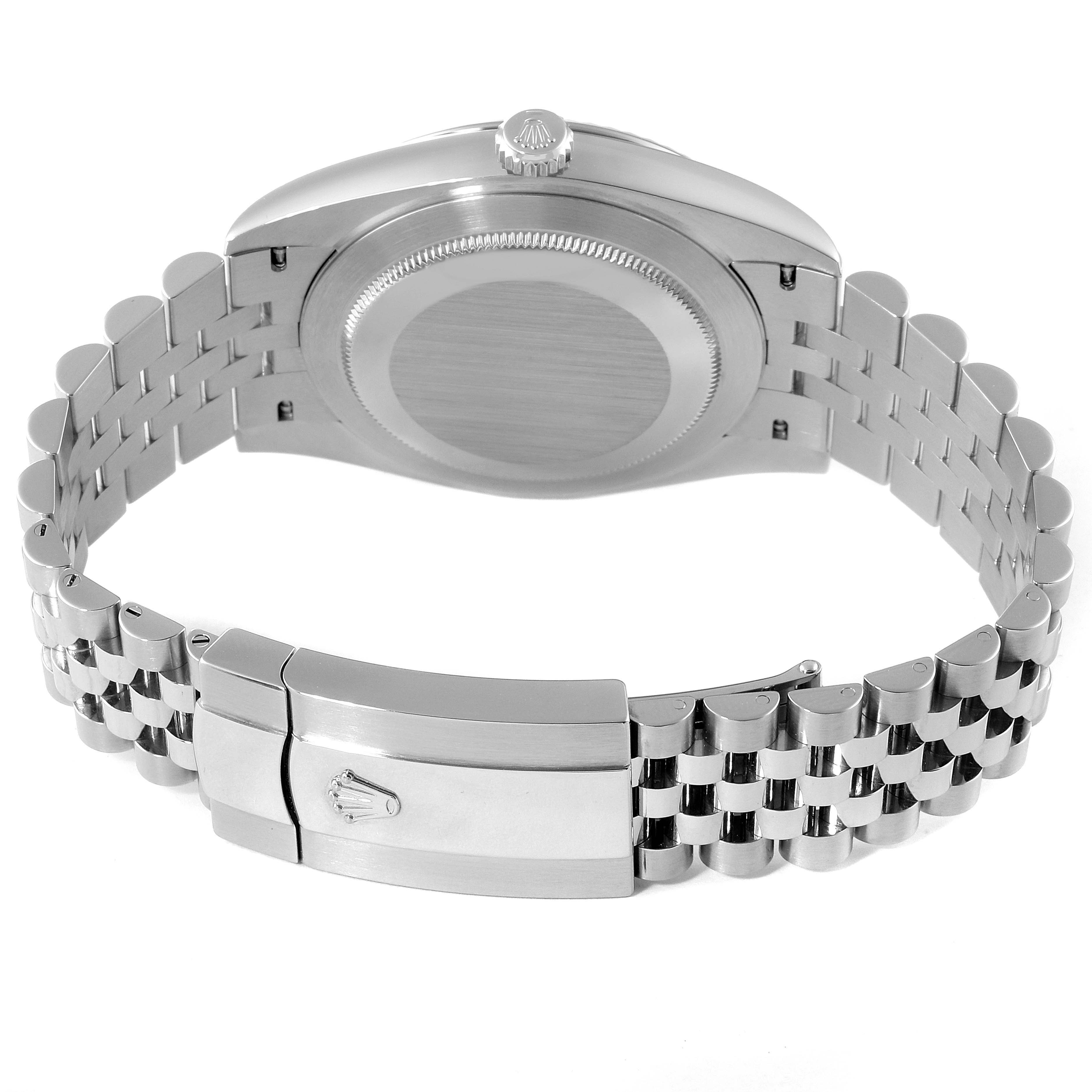 This image shows the Rolex Datejust 41 126334 Men's Stainless Steel Grey Dial 126334 Men's Stainless Steel Grey Dial watch from the back, focusing on the case back, crown, and bracelet with a clasp.