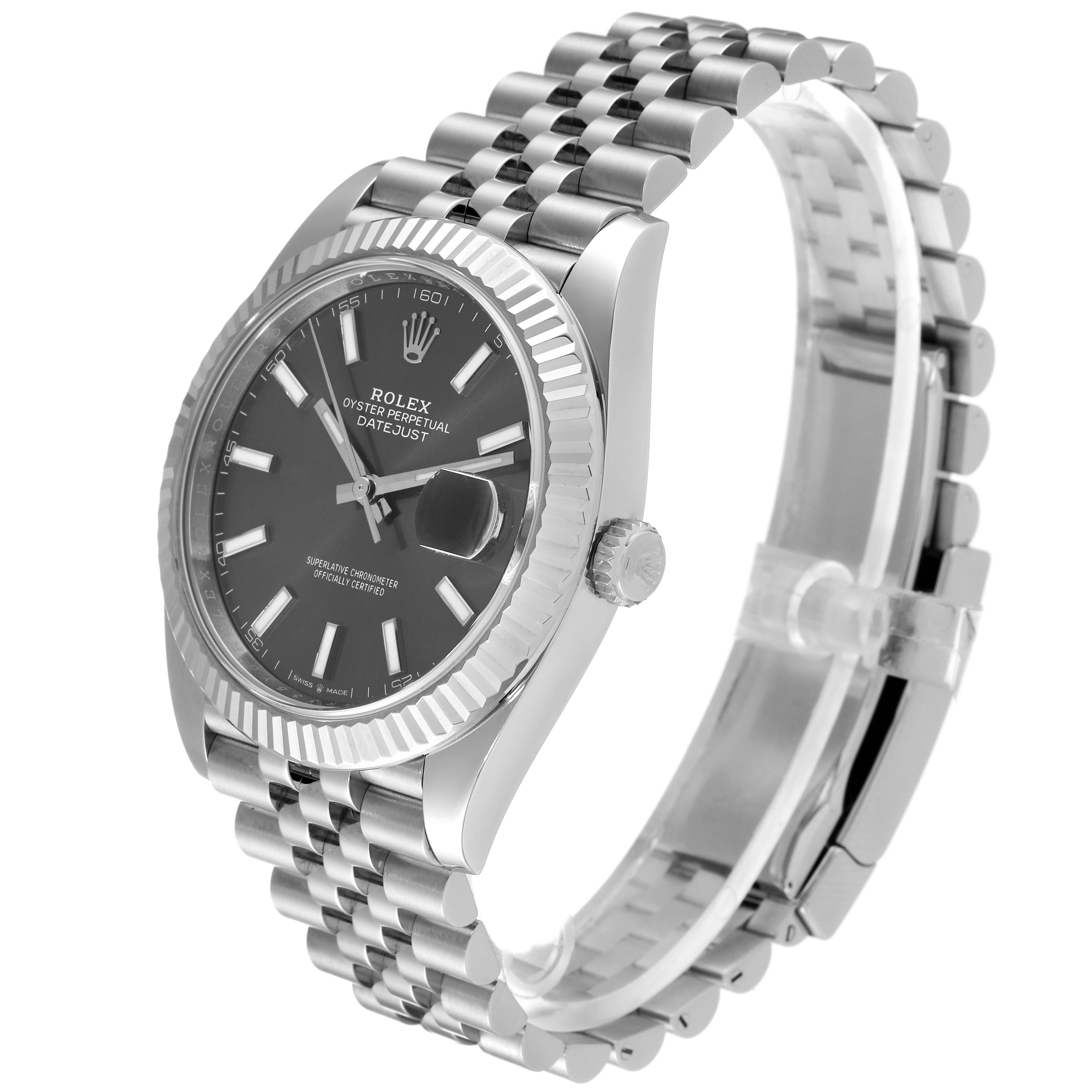 The image shows a Rolex Datejust 41 126334 Men's Stainless Steel Grey Dial 126334 Men's Stainless Steel Grey Dial watch at a three-quarter angle, highlighting the face, fluted bezel, and Jubilee bracelet.