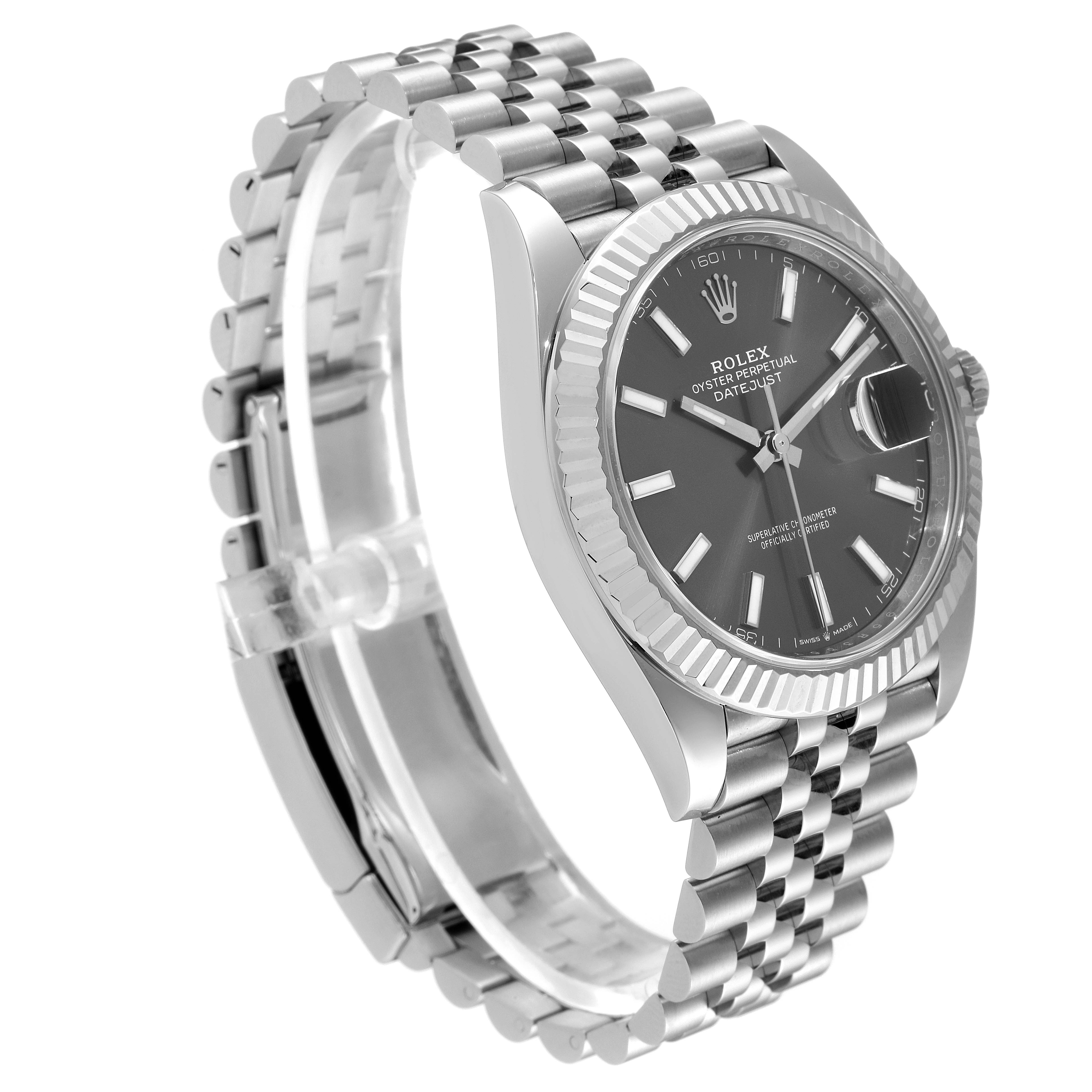 The image shows the Rolex Datejust 41 126334 Men's Stainless Steel Grey Dial 126334 Men's Stainless Steel Grey Dial watch at a three-quarter angle, displaying the face, bezel, and bracelet.