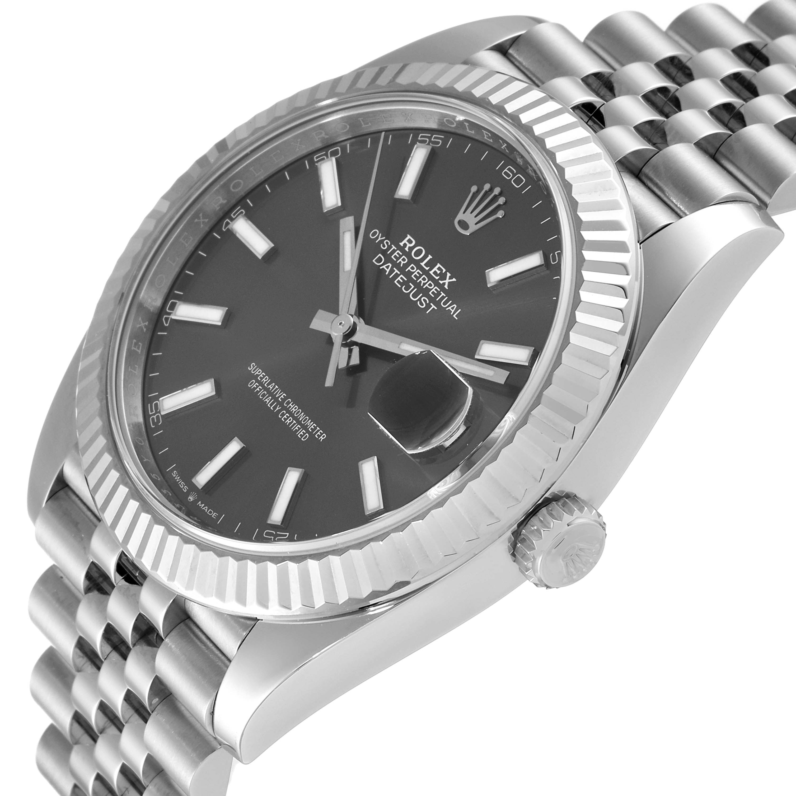 The image shows a side angle of the Rolex Datejust 41 126334 Men's Stainless Steel Grey Dial 126334 Men's Stainless Steel Grey Dial, highlighting the dial, fluted bezel, and part of the bracelet.