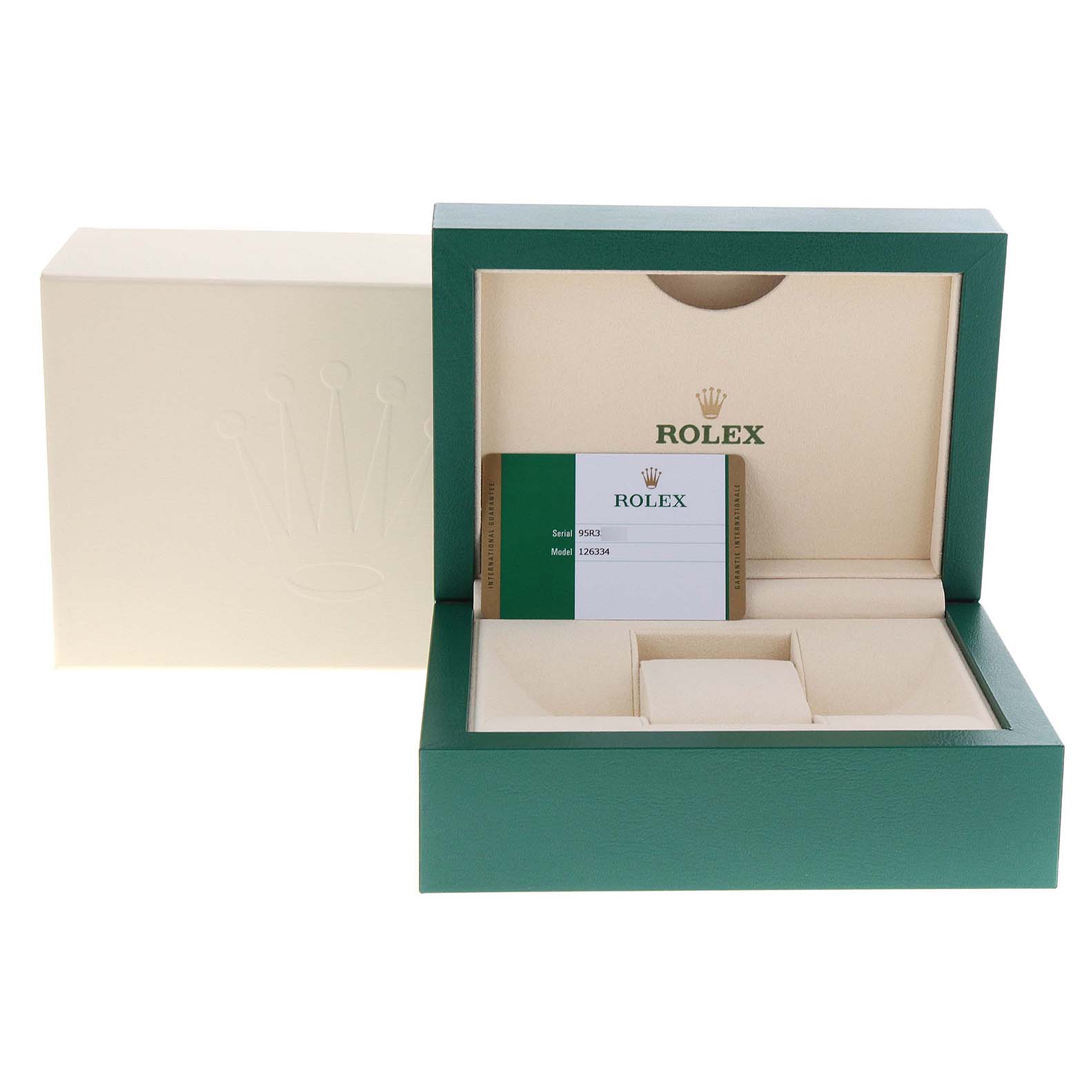 The image shows an open Rolex Datejust 41 126334 Men's Stainless Steel Grey Dial 126334 Men's Stainless Steel Grey Dial watch box with its warranty card and inner compartments.