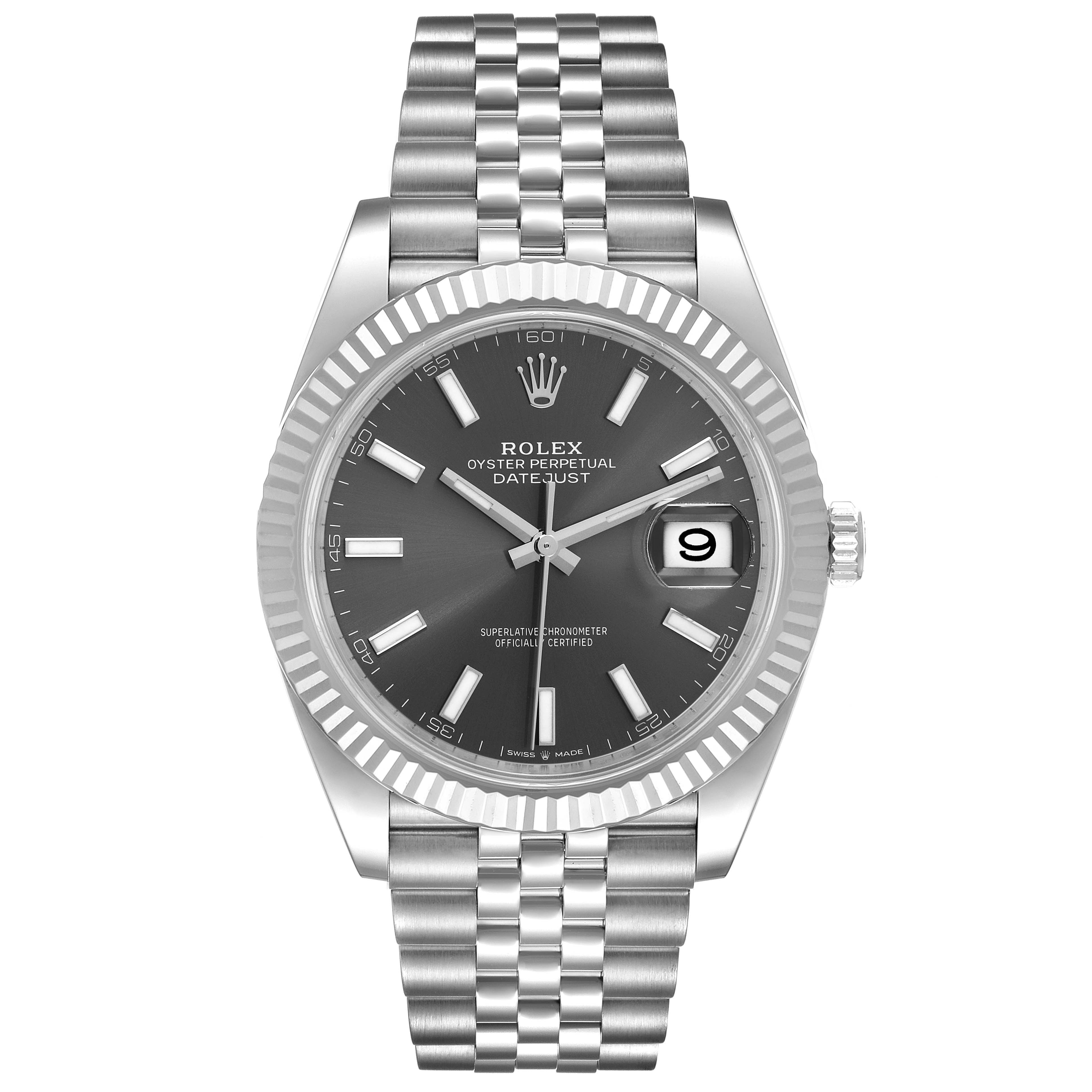 The image shows a front view of the Rolex Datejust 41 126334 Men's Stainless Steel Grey Dial 126334 Men's Stainless Steel Grey Dial watch displaying its dial, bezel, and bracelet.