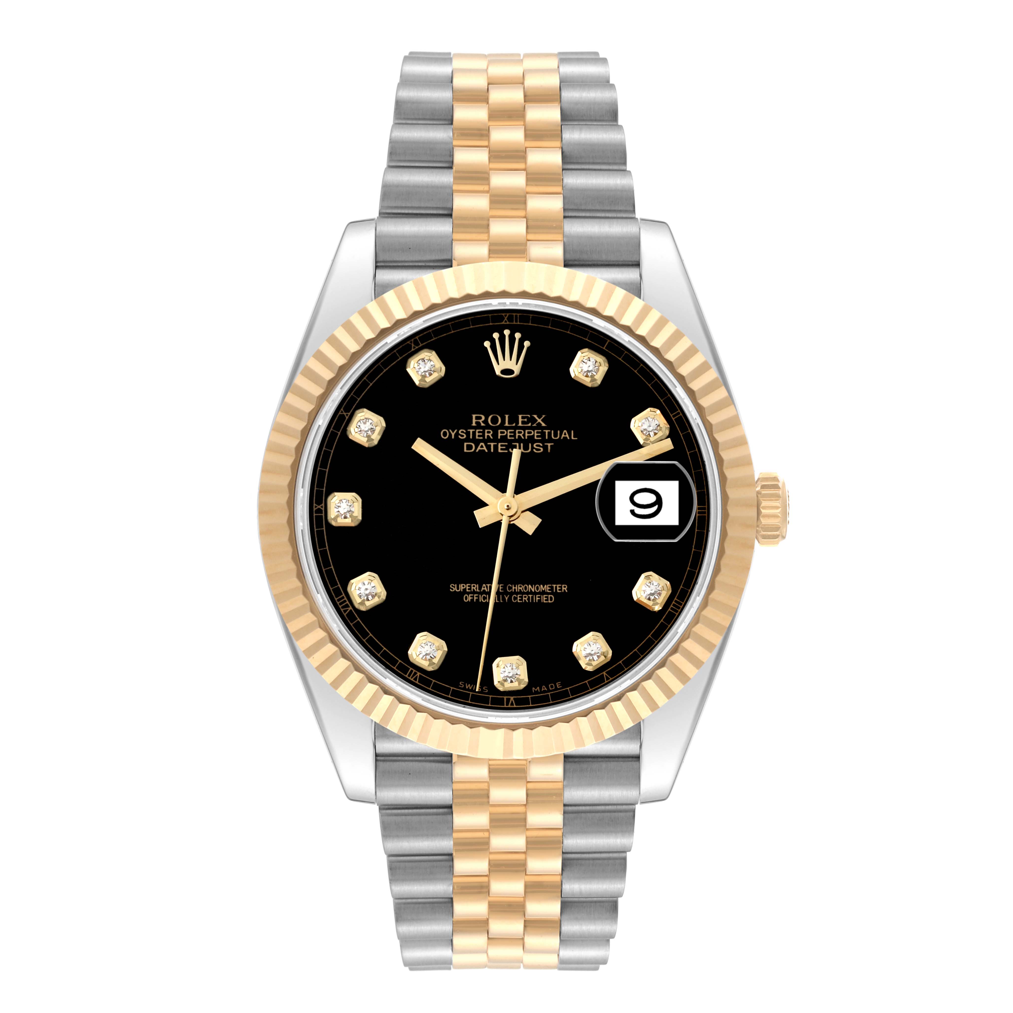 The Rolex Datejust 41 M126333-0012 Men's Steel and Gold (two tone) Black Dial M126333-0012 Men's Steel and Gold (two tone) Black Dial model watch is shown from the front, highlighting its dial, bezel, and two-tone bracelet.
