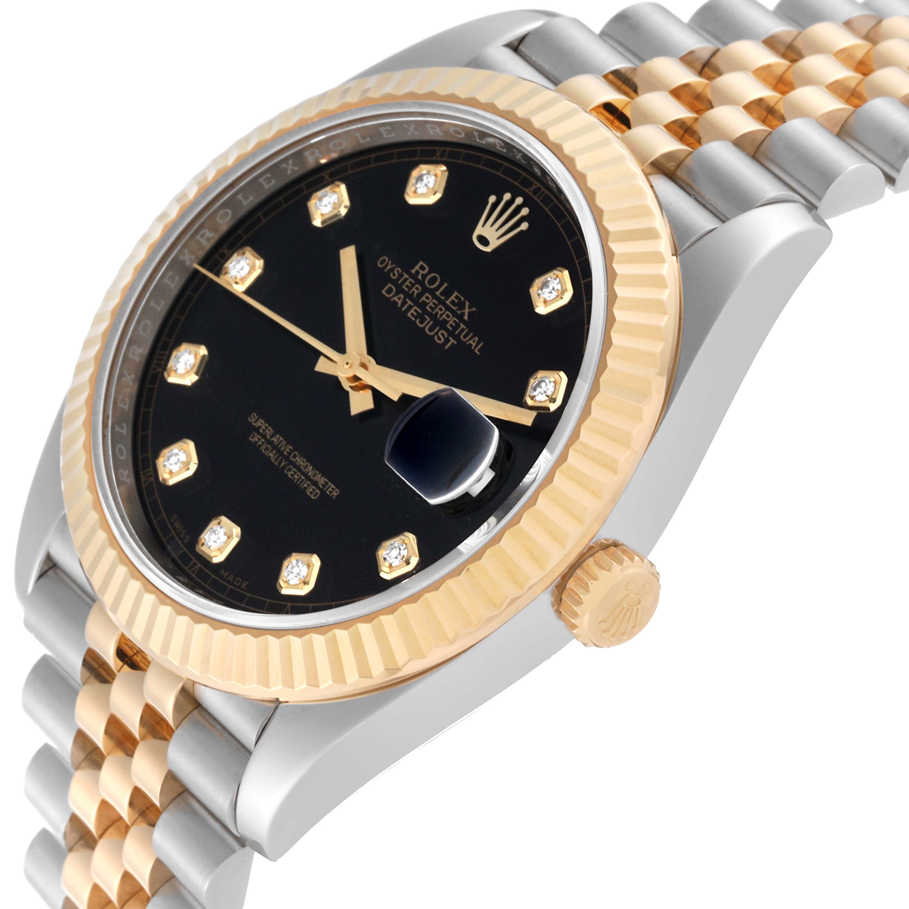 The image shows a side angle of the Rolex Datejust 41 M126333-0012 Men's Steel and Gold (two tone) Black Dial M126333-0012 Men's Steel and Gold (two tone) Black Dial watch, highlighting its black dial, fluted bezel, and bicolored Jubilee bracelet.