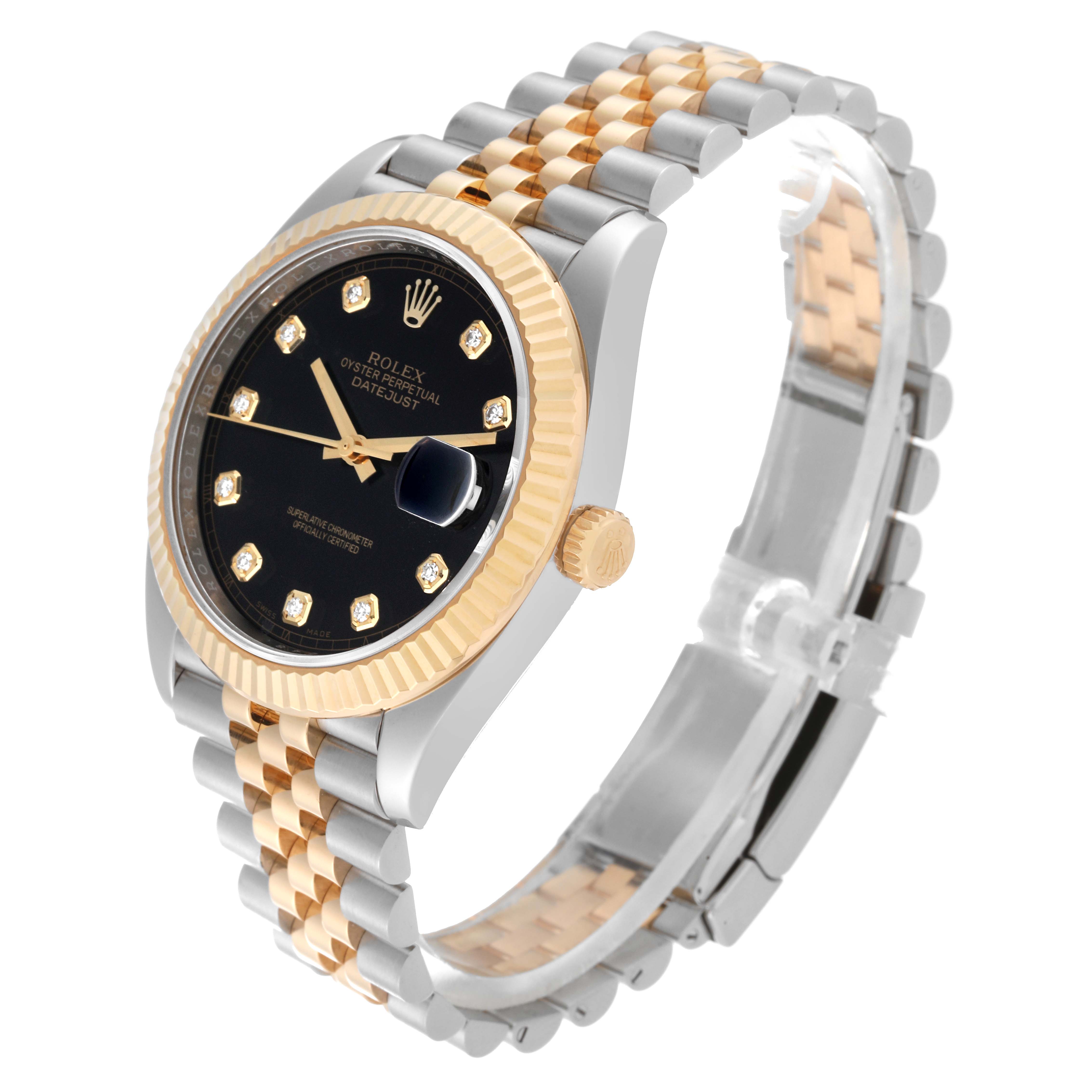 The image shows a Rolex Datejust 41 M126333-0012 Men's Steel and Gold (two tone) Black Dial M126333-0012 Men's Steel and Gold (two tone) Black Dial watch at an angled side view, highlighting its black dial, gold fluted bezel, and two-tone bracelet.
