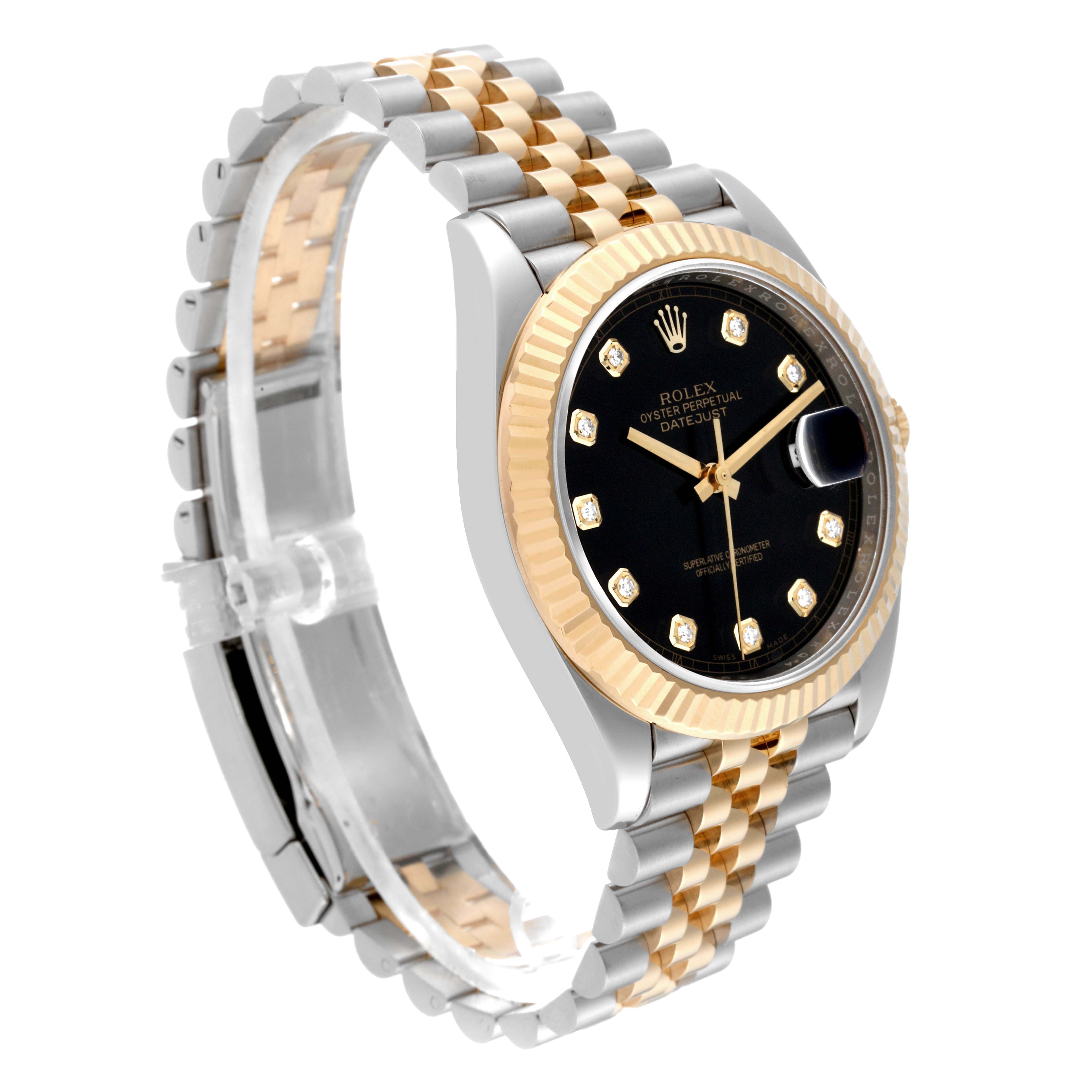 The image shows a Rolex Datejust 41 M126333-0012 Men's Steel and Gold (two tone) Black Dial M126333-0012 Men's Steel and Gold (two tone) Black Dial model at an angled view, highlighting the gold bezel, black dial, crown, and jubilee bracelet.