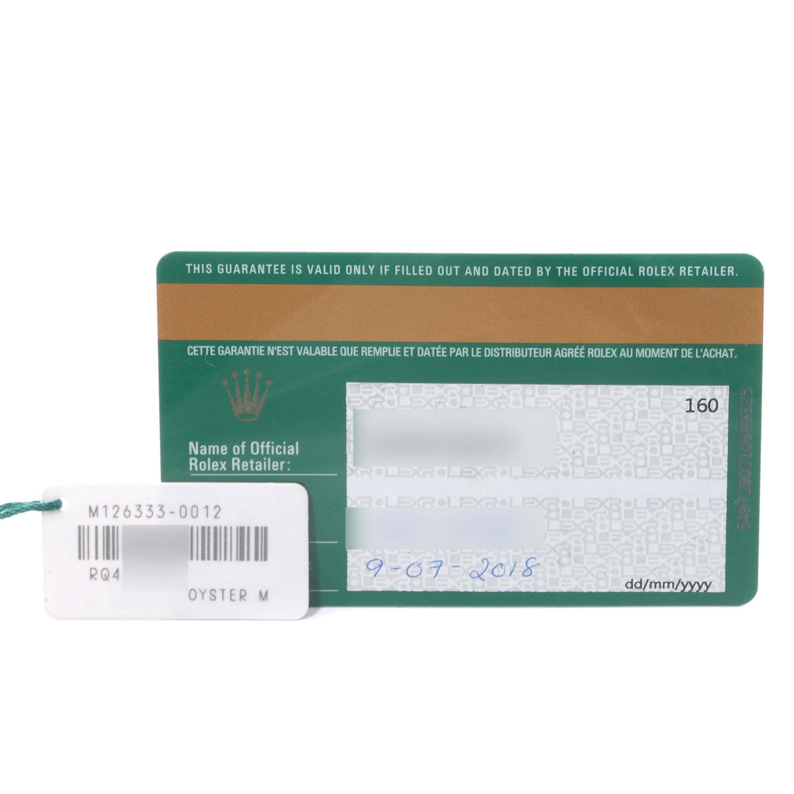 The image shows the guarantee card and a tag for the Rolex Datejust 41 M126333-0012 Men's Steel and Gold (two tone) Black Dial M126333-0012 Men's Steel and Gold (two tone) Black Dial model.