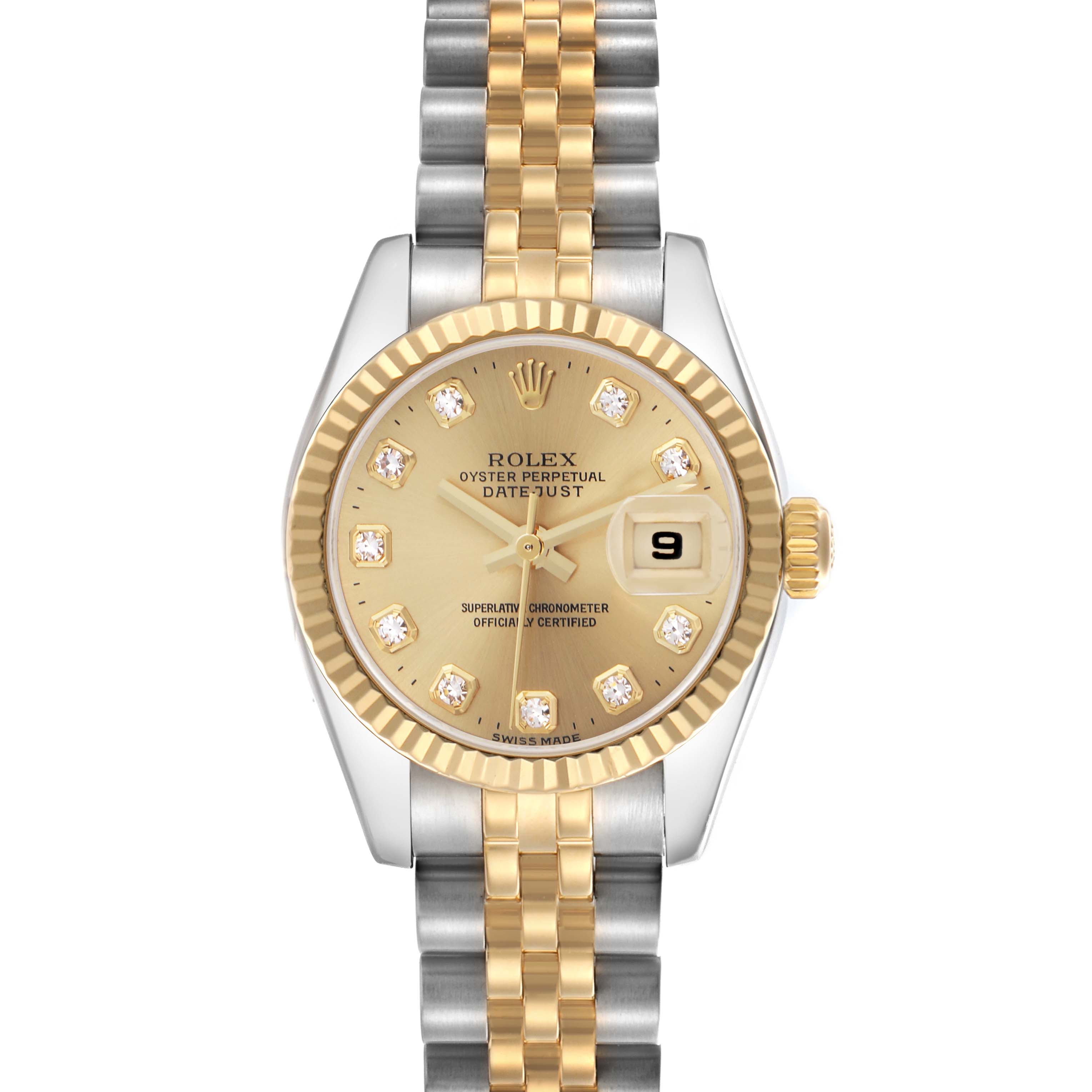 The Rolex Datejust 179173 Women's Steel and Gold (two tone) Champagne Dial 179173 Women's Steel and Gold (two tone) Champagne Dial watch is shown from a front angle, displaying the face, bezel, and two-tone bracelet.