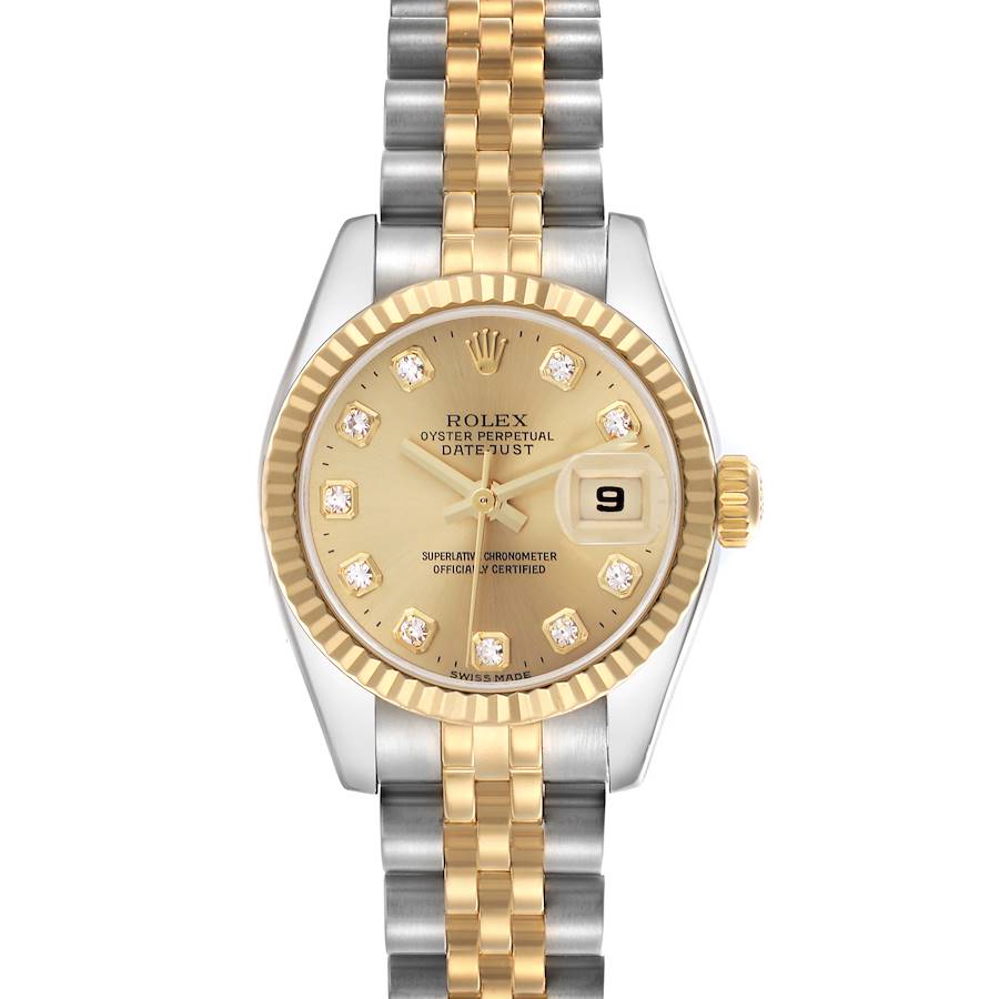 The Rolex Datejust watch is shown from a front angle, displaying the face, bezel, and two-tone bracelet.