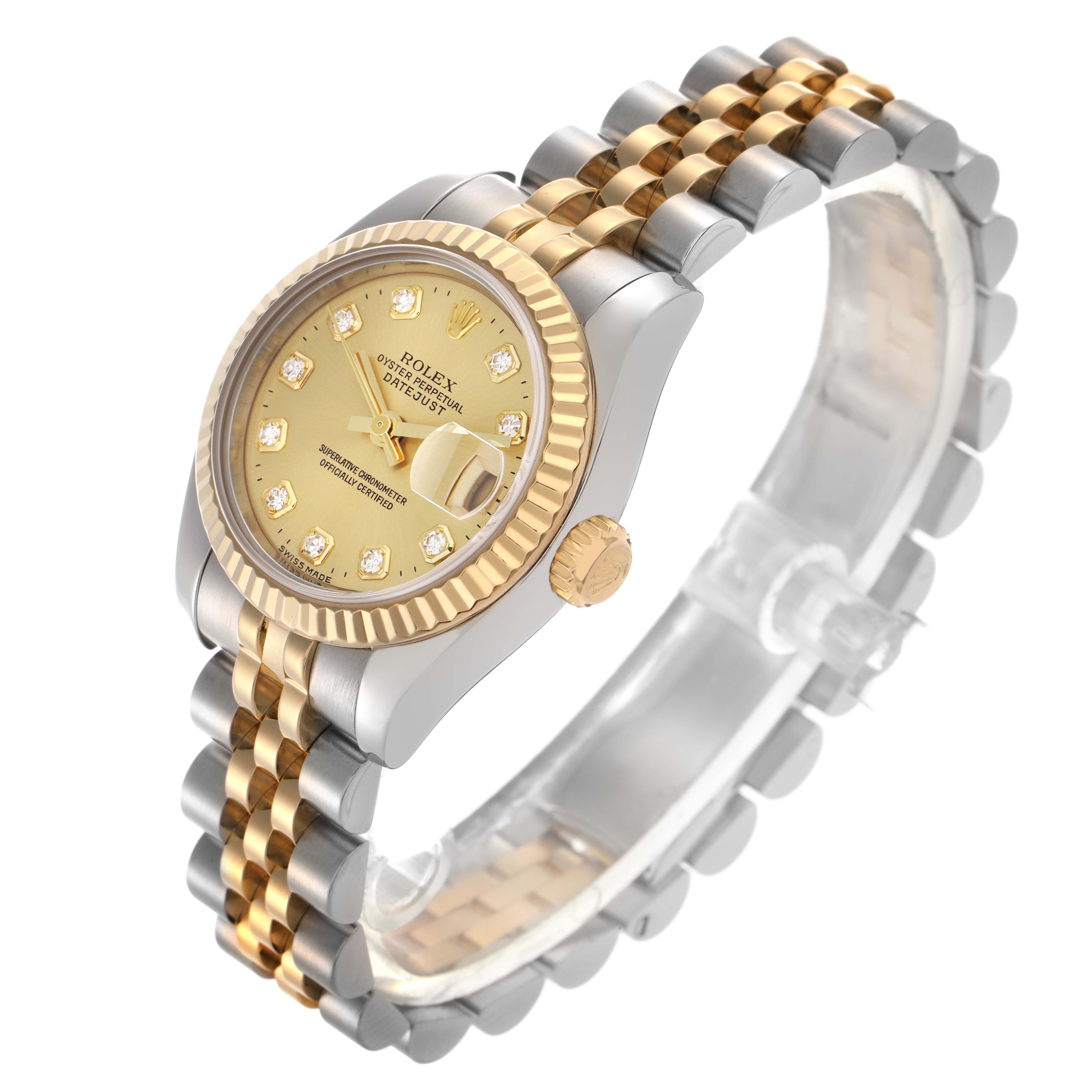 The Rolex Datejust 179173 Women's Steel and Gold (two tone) Champagne Dial 179173 Women's Steel and Gold (two tone) Champagne Dial watch is shown at a three-quarter angle, displaying the face, bezel, crown, and jubilee bracelet.