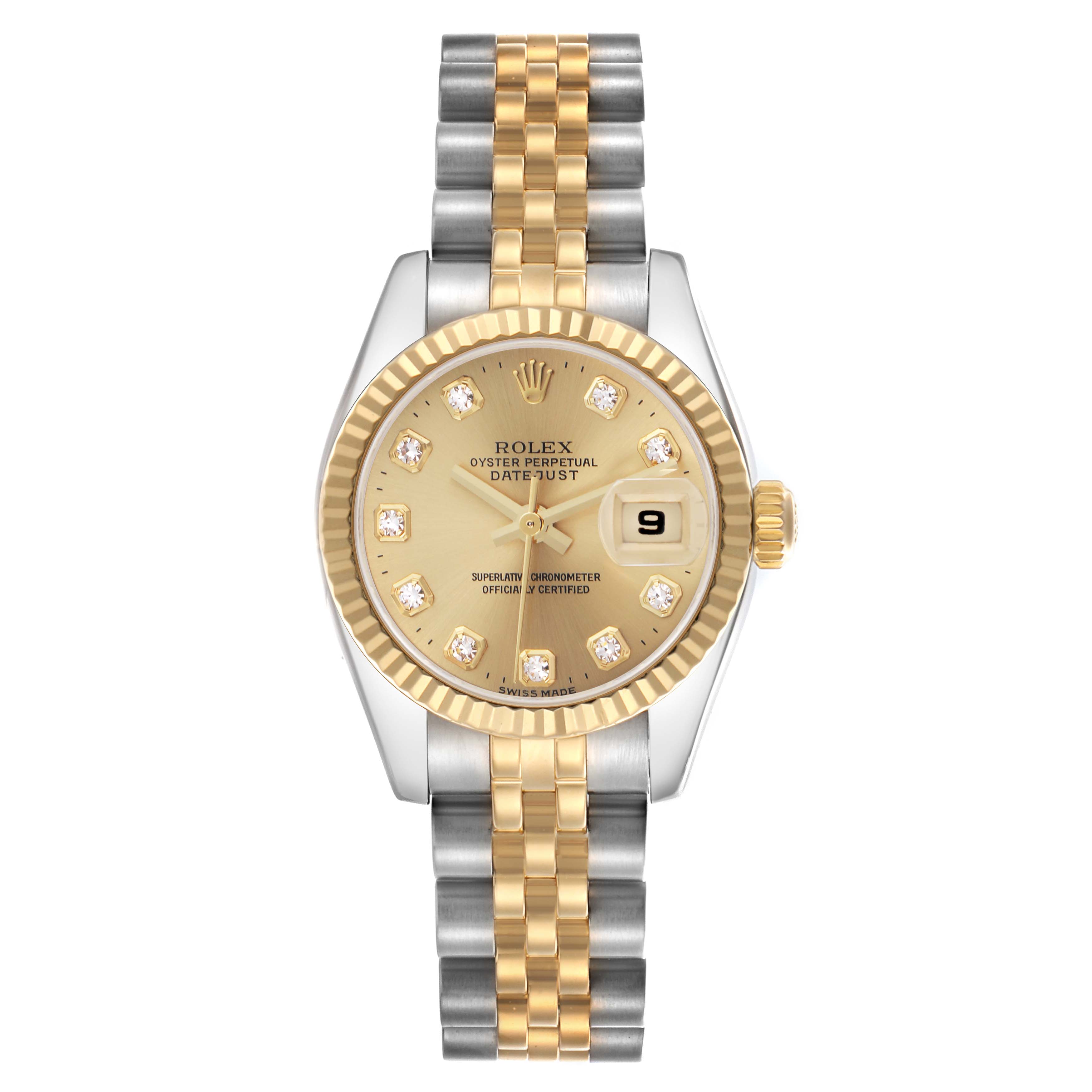 The Rolex Datejust 179173 Women's Steel and Gold (two tone) Champagne Dial 179173 Women's Steel and Gold (two tone) Champagne Dial watch is shown from a top-down angle, displaying its face, bezel, and two-tone bracelet.