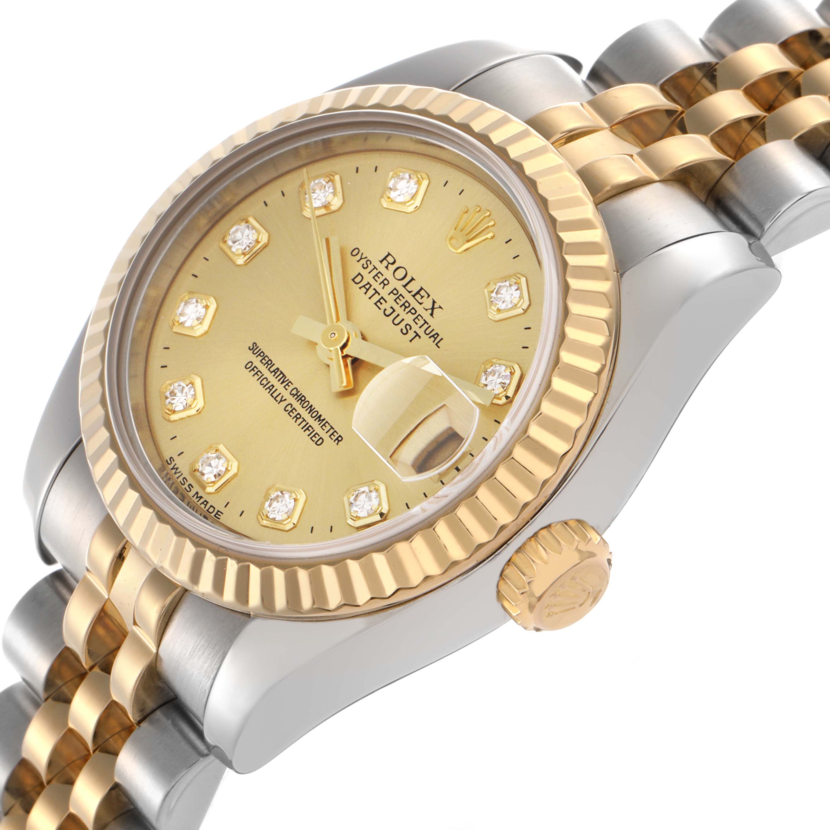 The Rolex Datejust 179173 Women's Steel and Gold (two tone) Champagne Dial 179173 Women's Steel and Gold (two tone) Champagne Dial watch is shown at an angled side view, highlighting the dial, bezel, crown, and part of the bracelet.
