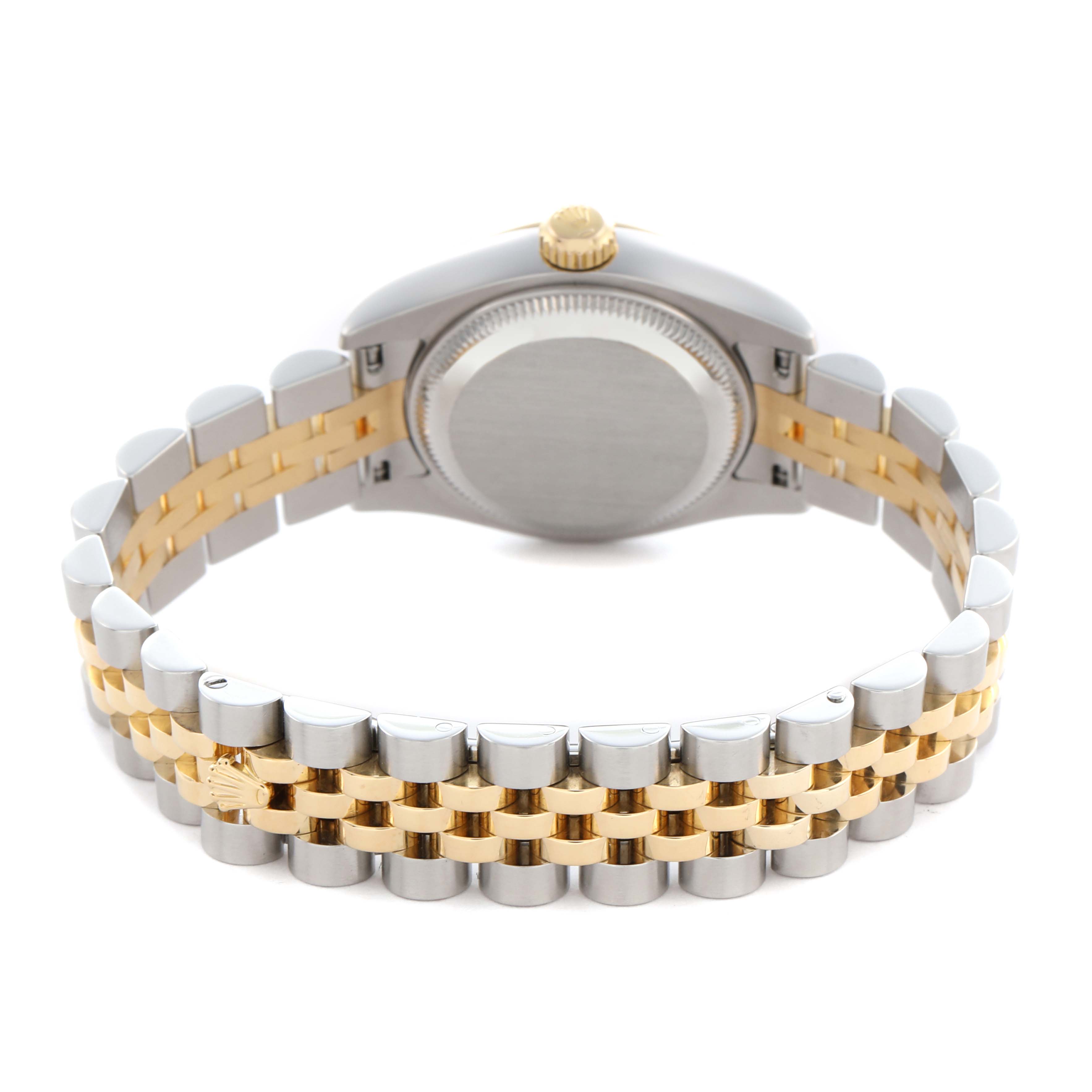 The image shows the back of a Rolex Datejust 179173 Women's Steel and Gold (two tone) Champagne Dial 179173 Women's Steel and Gold (two tone) Champagne Dial, highlighting the clasp, bracelet, and case back.