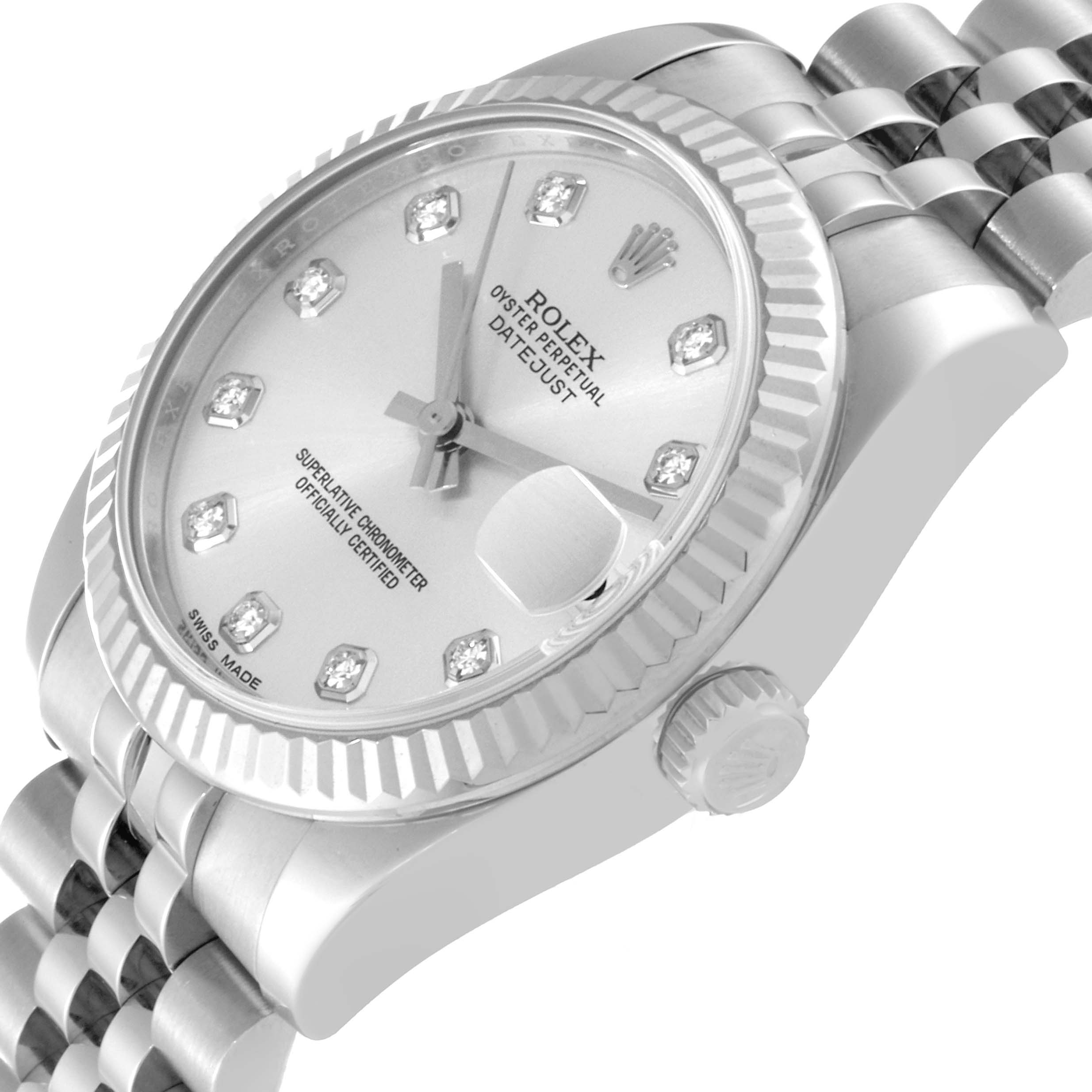 The image shows a close-up angled view of a Rolex Mid-Size 178274 Women
s Stainless Steel Silver Dial 178274 Women
s Stainless Steel Silver Dial model, highlighting the face, bezel, crown, and part of the bracelet.